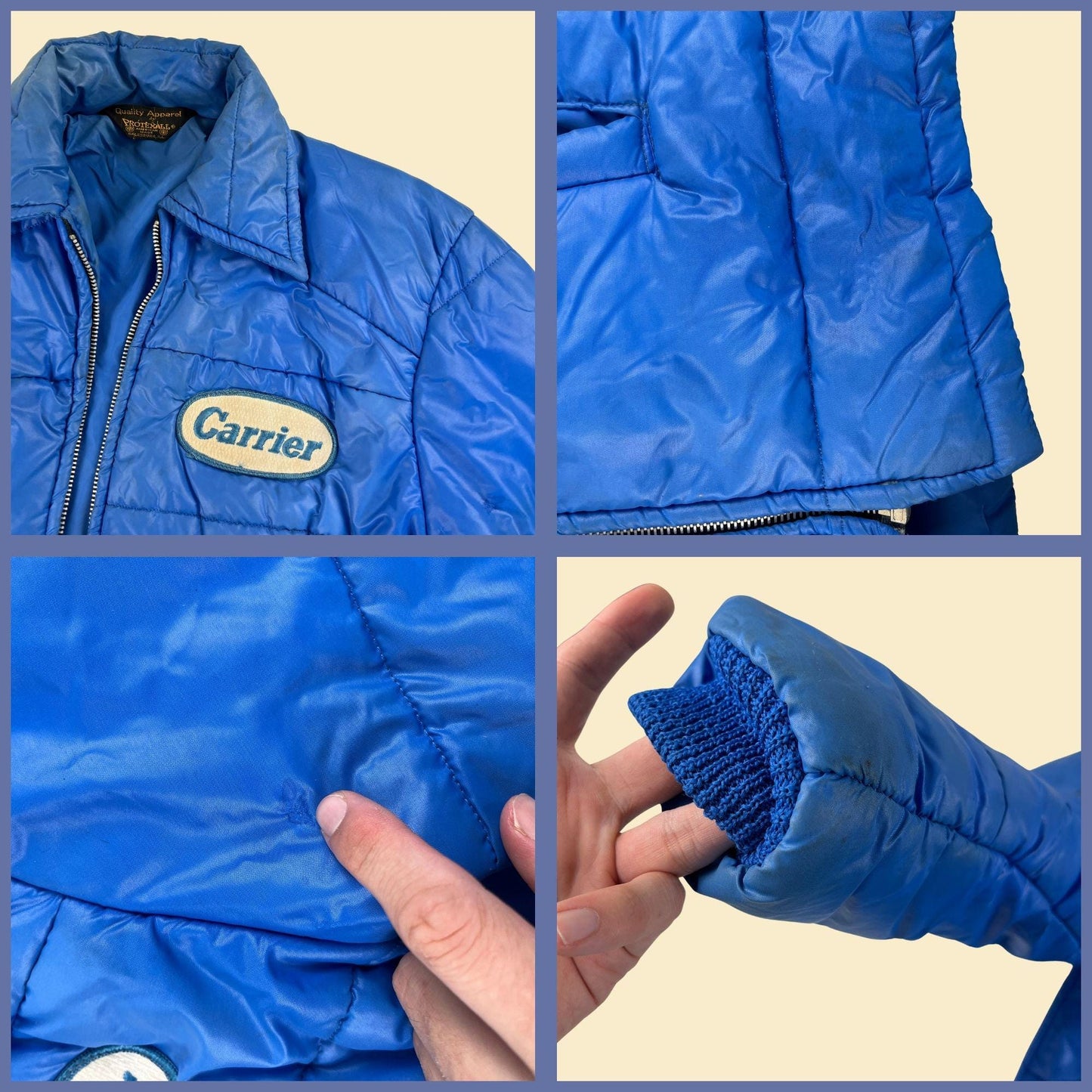 1970s S workwear jacket by Protexall, Carrier HVAC blue & white nylon puffer jacket w/ knit trim