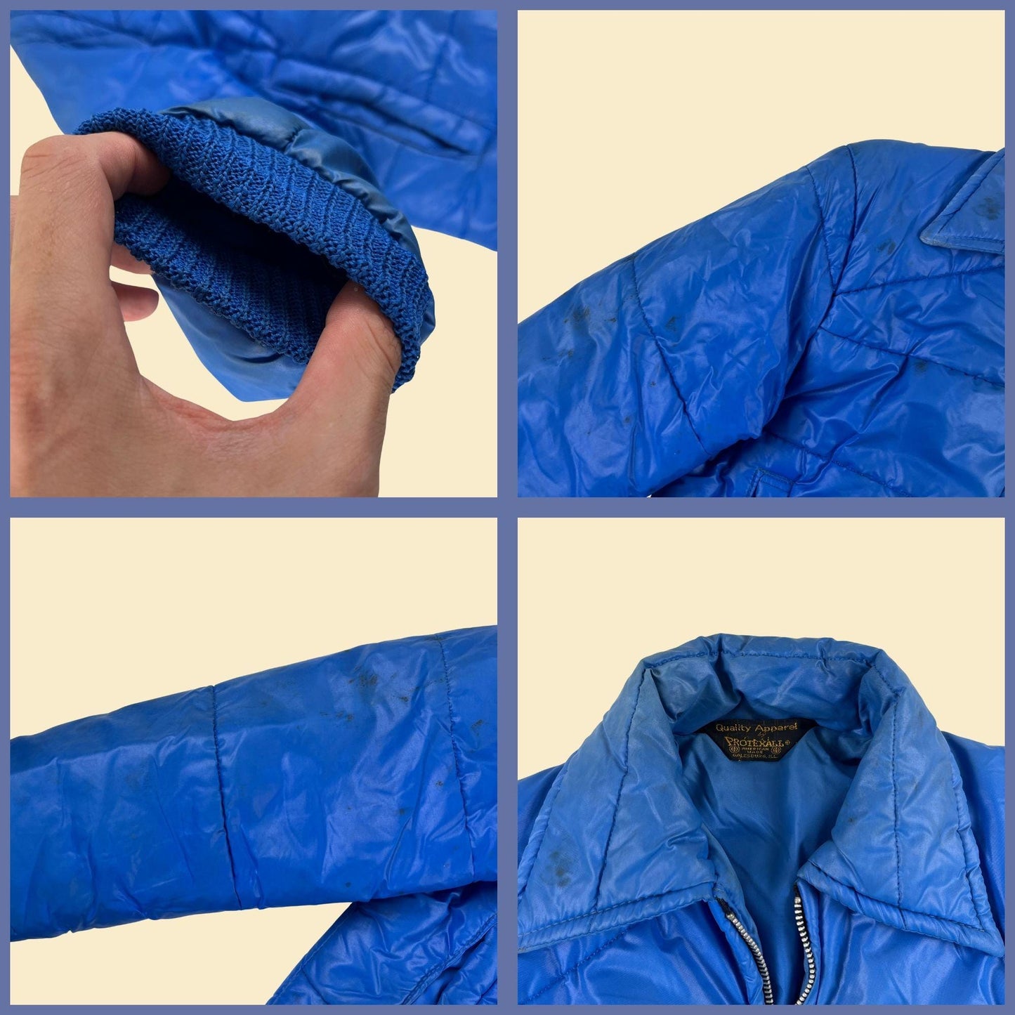 1970s S workwear jacket by Protexall, Carrier HVAC blue & white nylon puffer jacket w/ knit trim