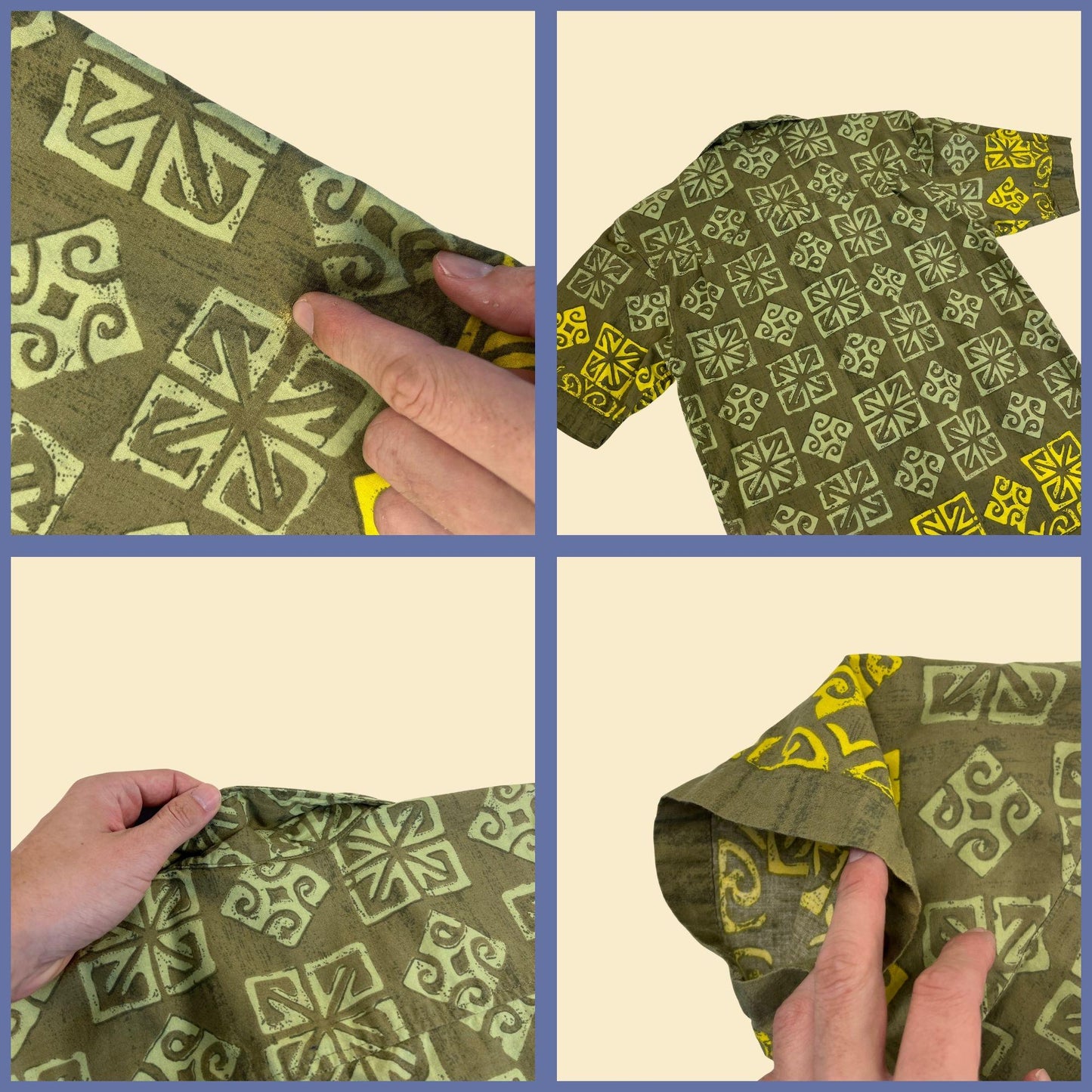 90s OP tropical green shirt, vintage M (fits s to xs) green & yellow geometric button down top