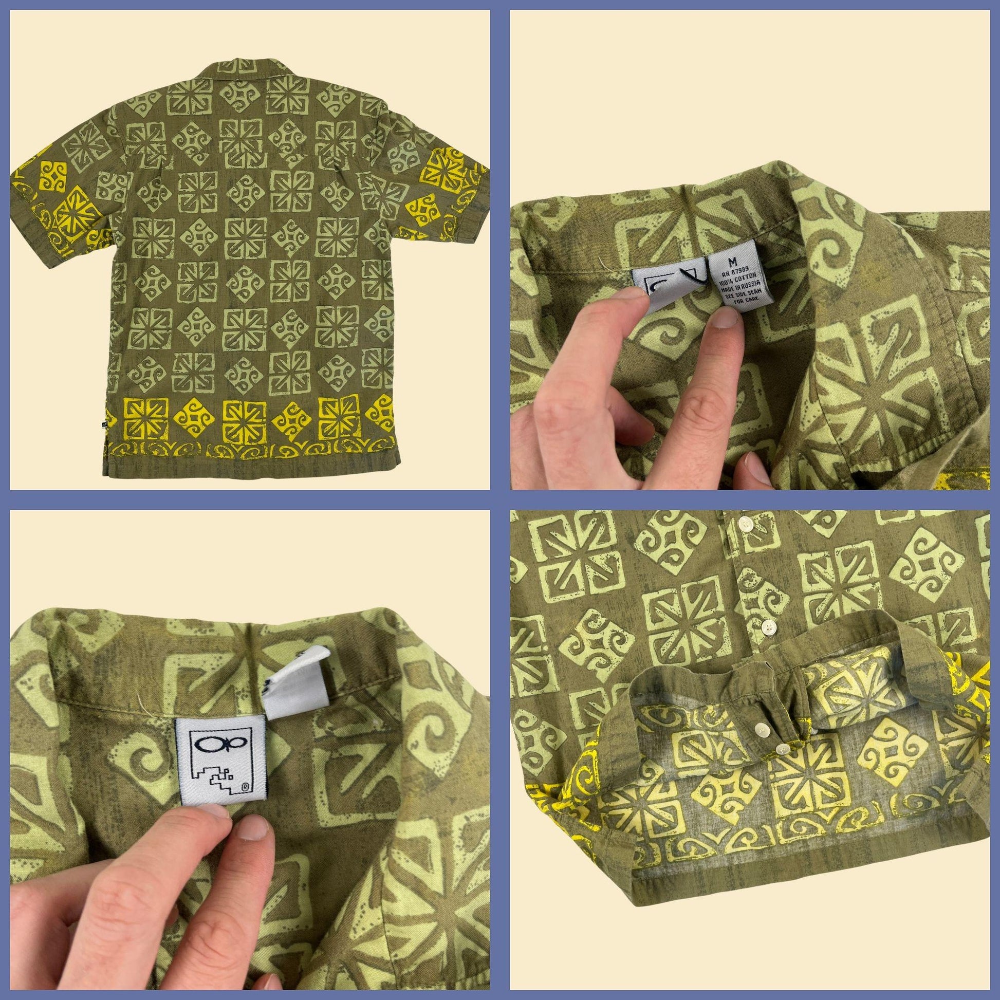 90s OP tropical green shirt, vintage M (fits s to xs) green & yellow geometric button down top