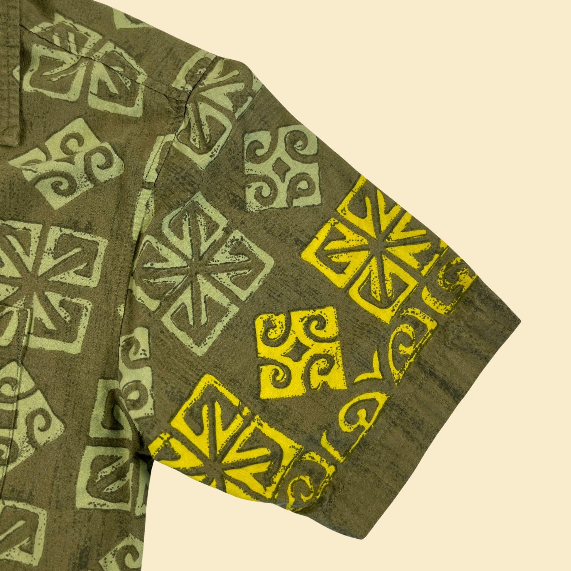 90s OP tropical green shirt, vintage M (fits s to xs) green & yellow geometric button down top