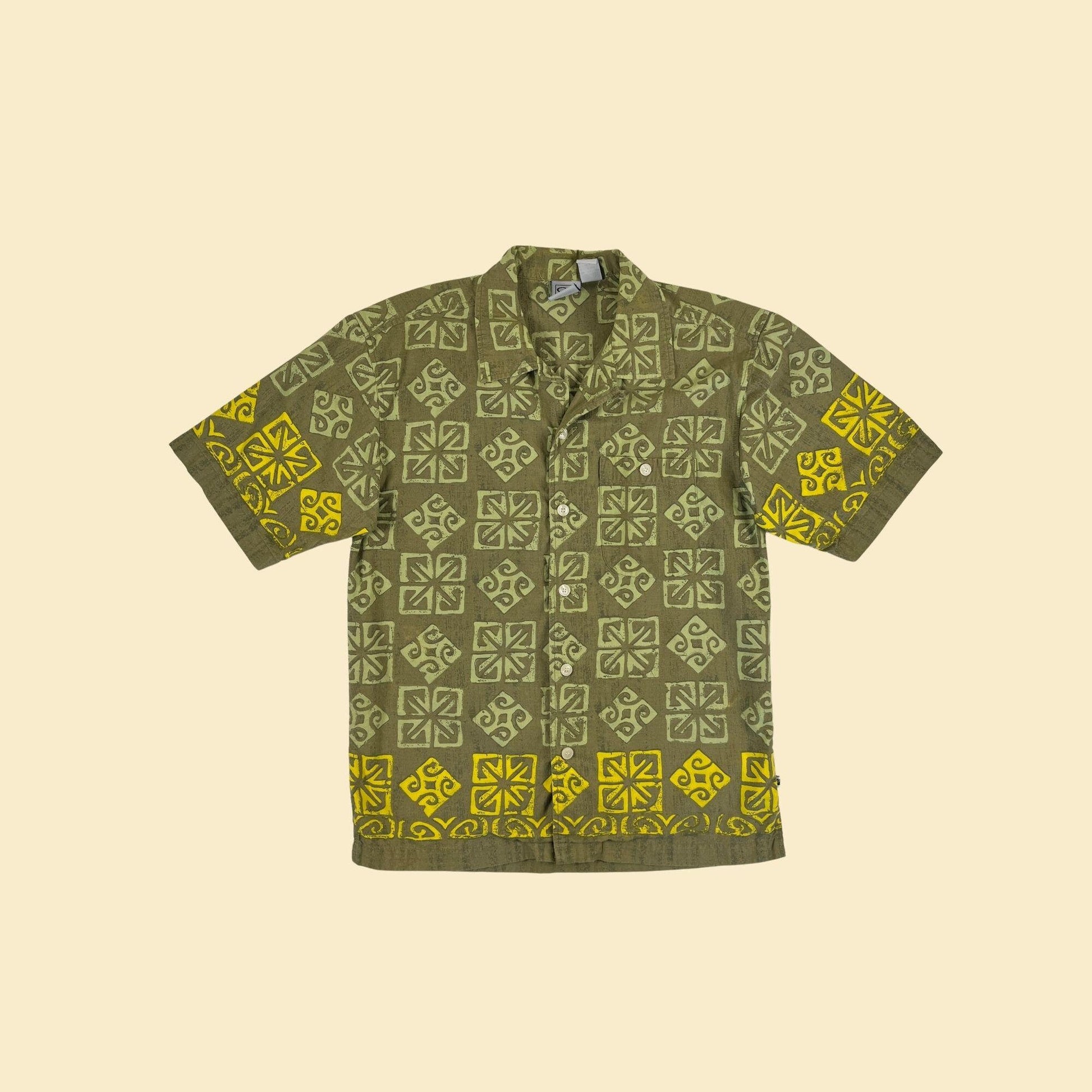 90s OP tropical green shirt, vintage M (fits s to xs) green & yellow geometric button down top