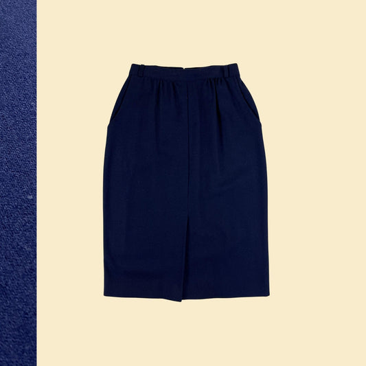 70s/80s Tomboy blue wool midi skirt, vintage size 11 wool/poly skirt w/ pockets & pleating