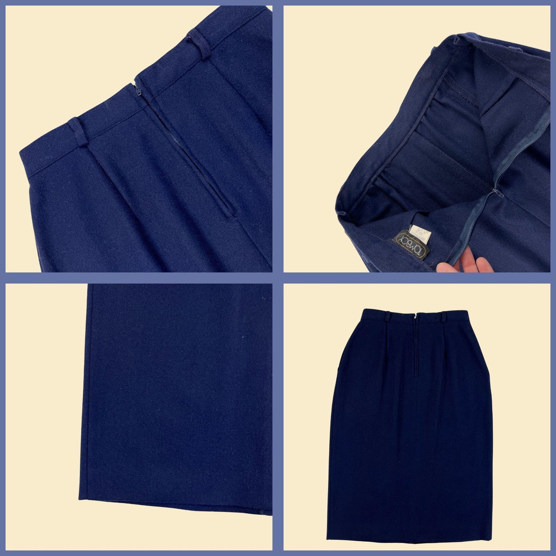 70s/80s Tomboy blue wool midi skirt, vintage size 11 wool/poly skirt w/ pockets & pleating