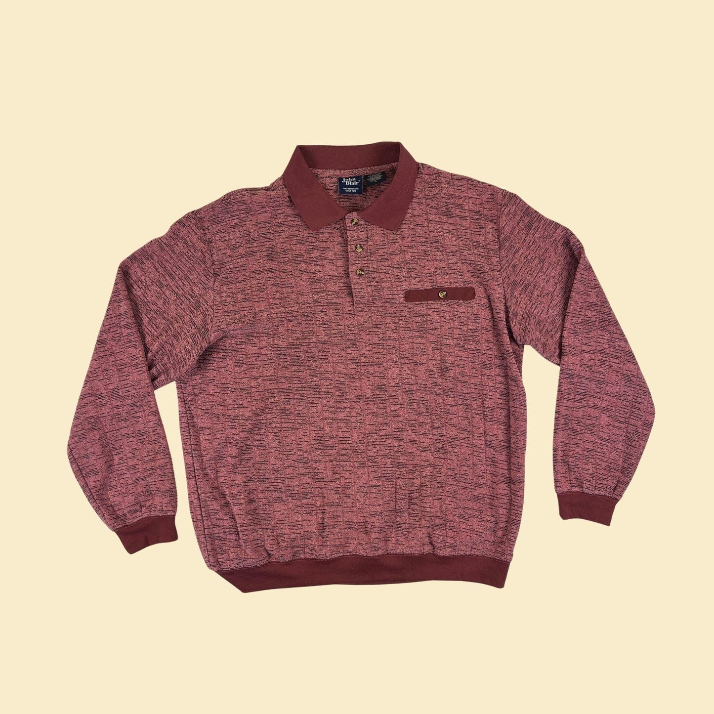 90s/Y2K burgundy L polo shirt, vintage John Blair long sleeve terry-cloth textured preppy top