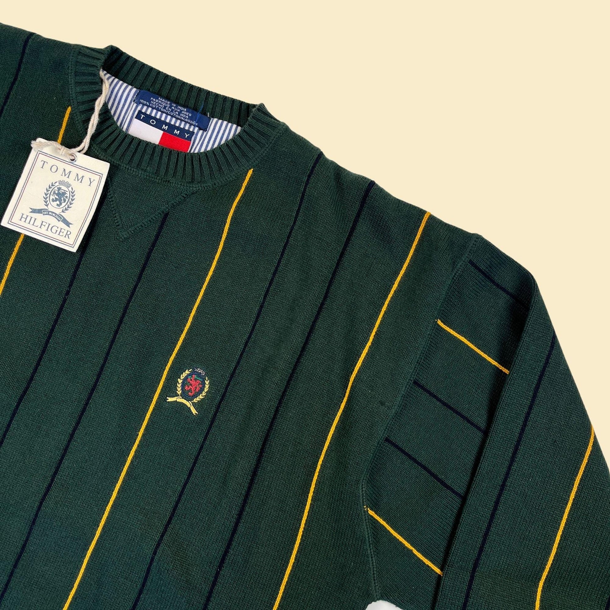 90s/Y2K Tommy Hilfiger XL sweater, vintage green & yellow striped cotton crewneck pullover, new old stock (w/ tags)