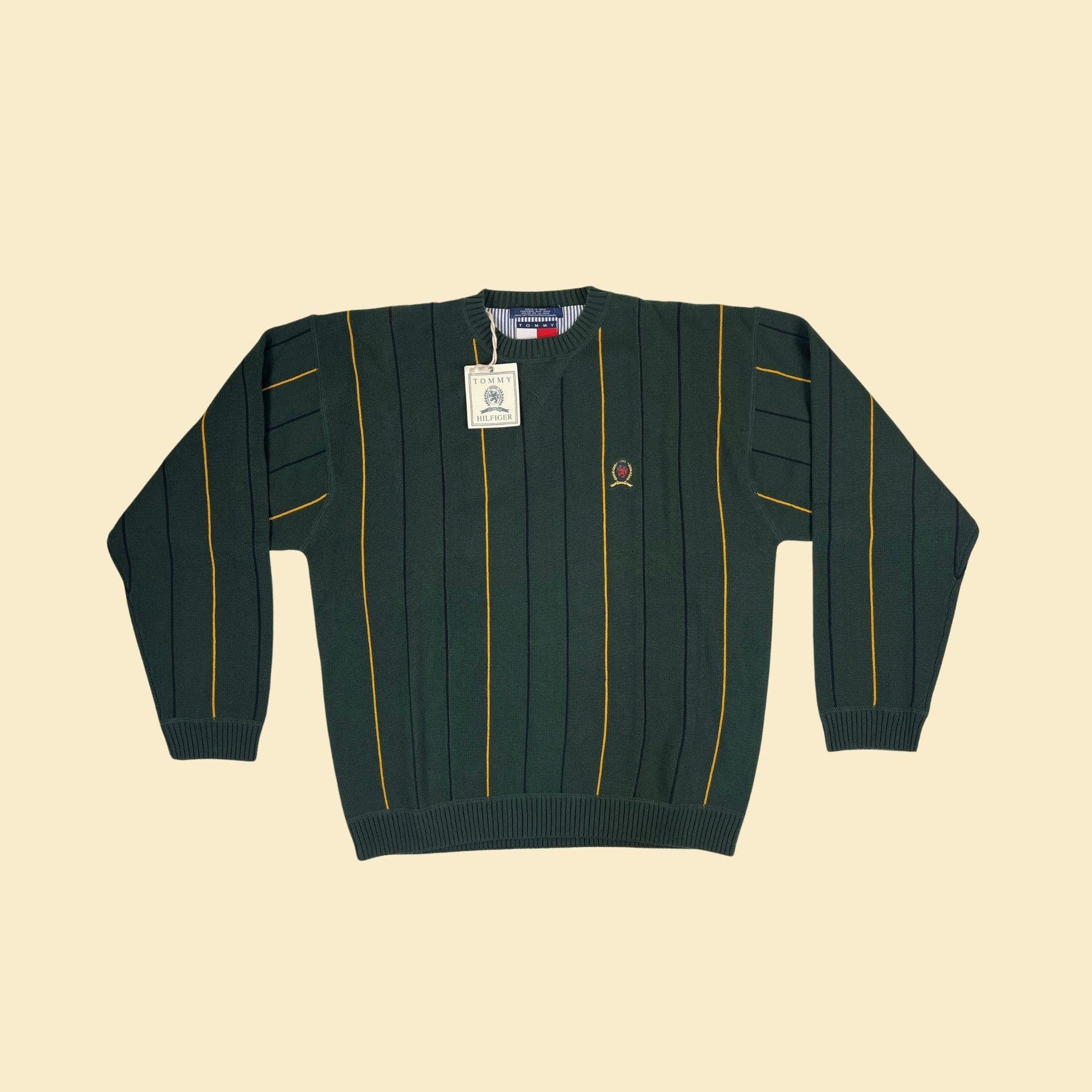 90s/Y2K Tommy Hilfiger XL sweater, vintage green & yellow striped cotton crewneck pullover, new old stock (w/ tags)