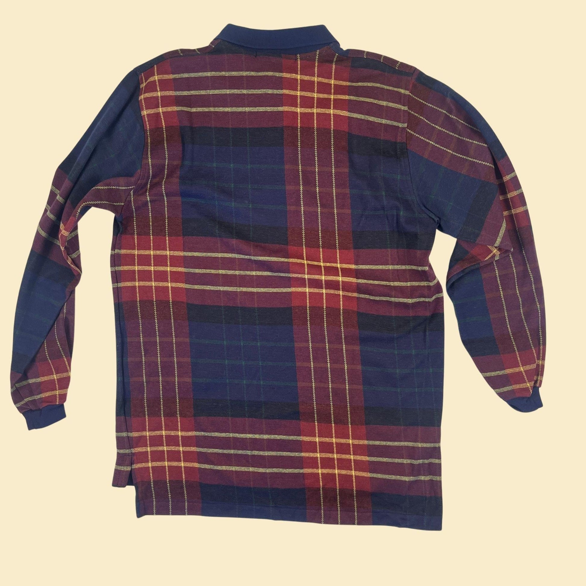 90s L plaid polo shirt by Lawton Harbour, vintage blue & burgundy long sleeve golf top, new old stock (w/ tags)