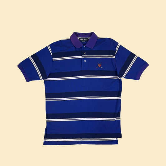 90s/Y2K Polo Golf L blue shirt, vintage men's blue & purple striped short sleeve polo top