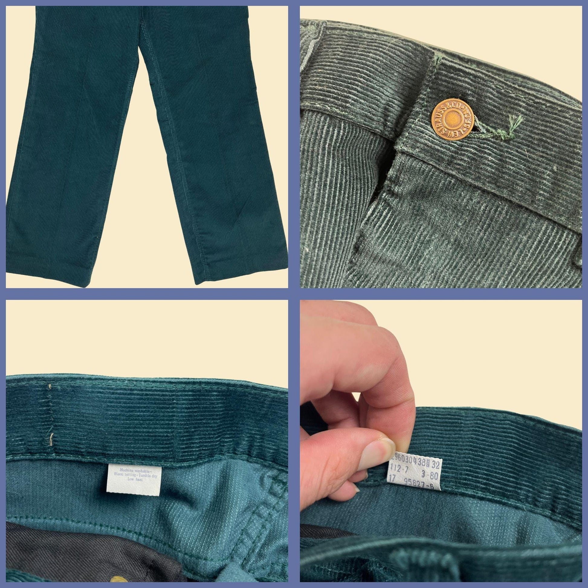 1980s Levi Strauss & Co corduroy pants, size 32 green straight leg USA made pants