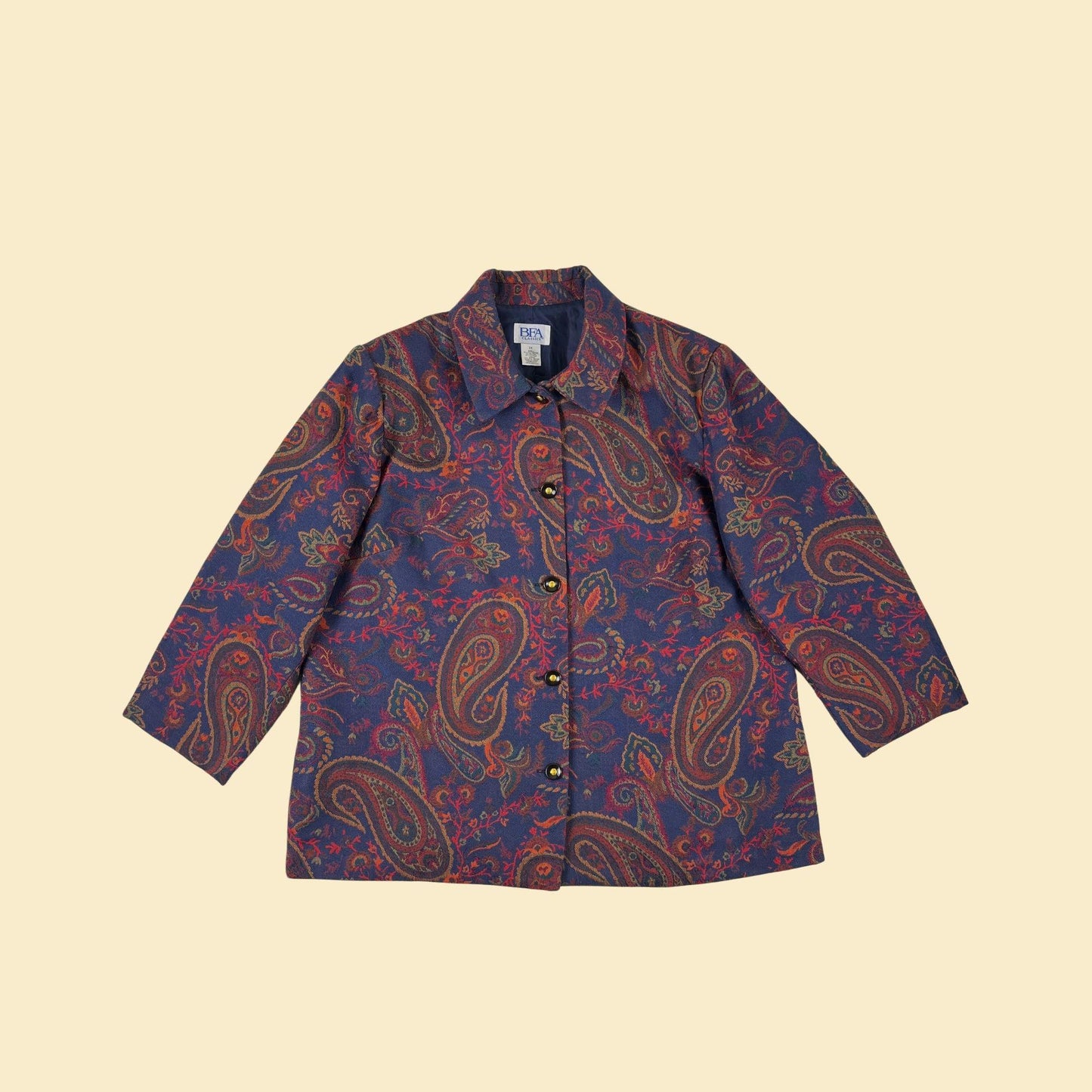 Y2K paisley tapestry jacket, size 2X vintage blue & orange abstract patterned women's jacket