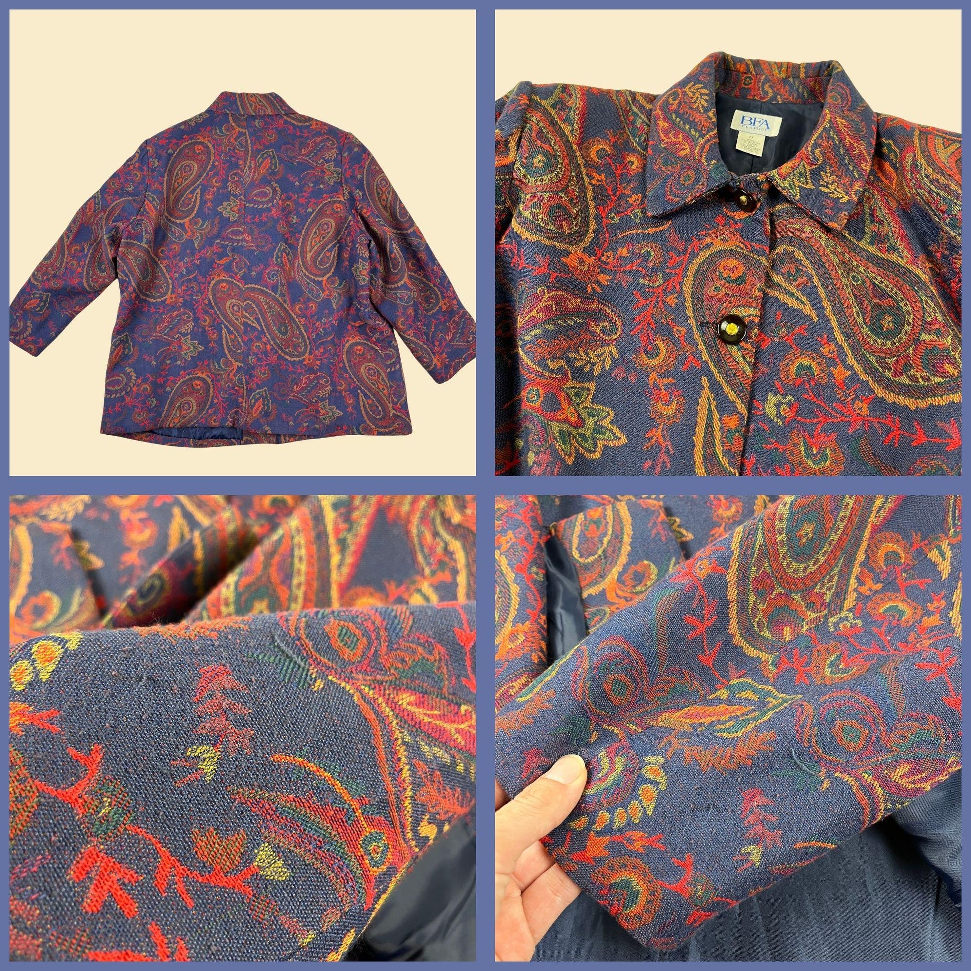 Y2K paisley tapestry jacket, size 2X vintage blue & orange abstract patterned women's jacket