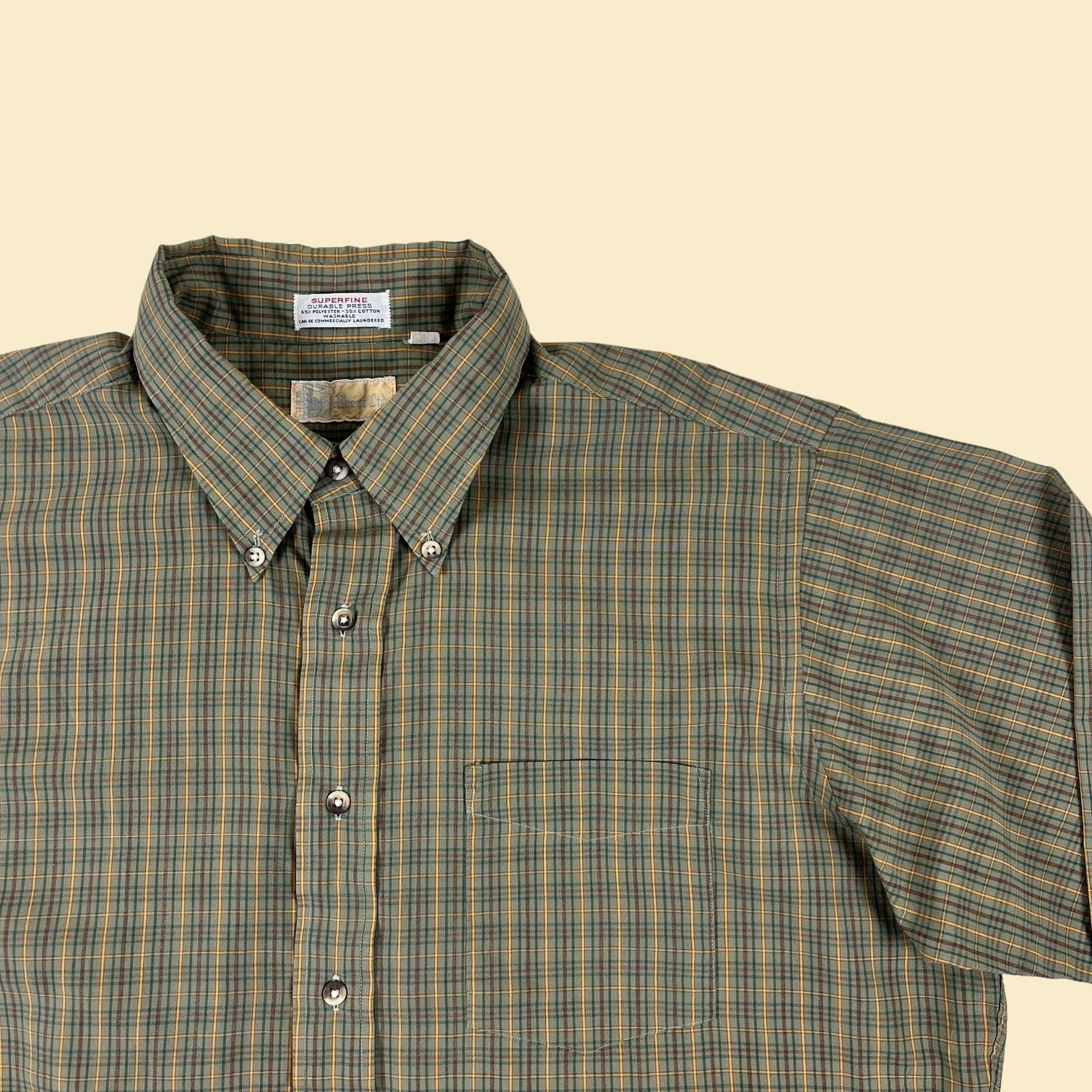 1970s green plaid shirt, vintage XL 70s green & yellow button down long sleeve top