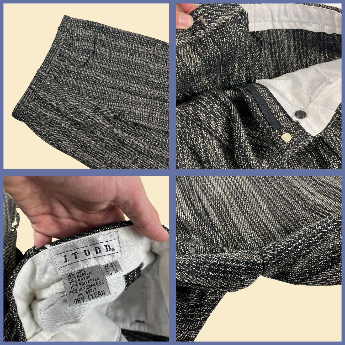 80s/90s men's trousers by J. Todd, size 31x30 men's textured striped pants w/ cuffed legs