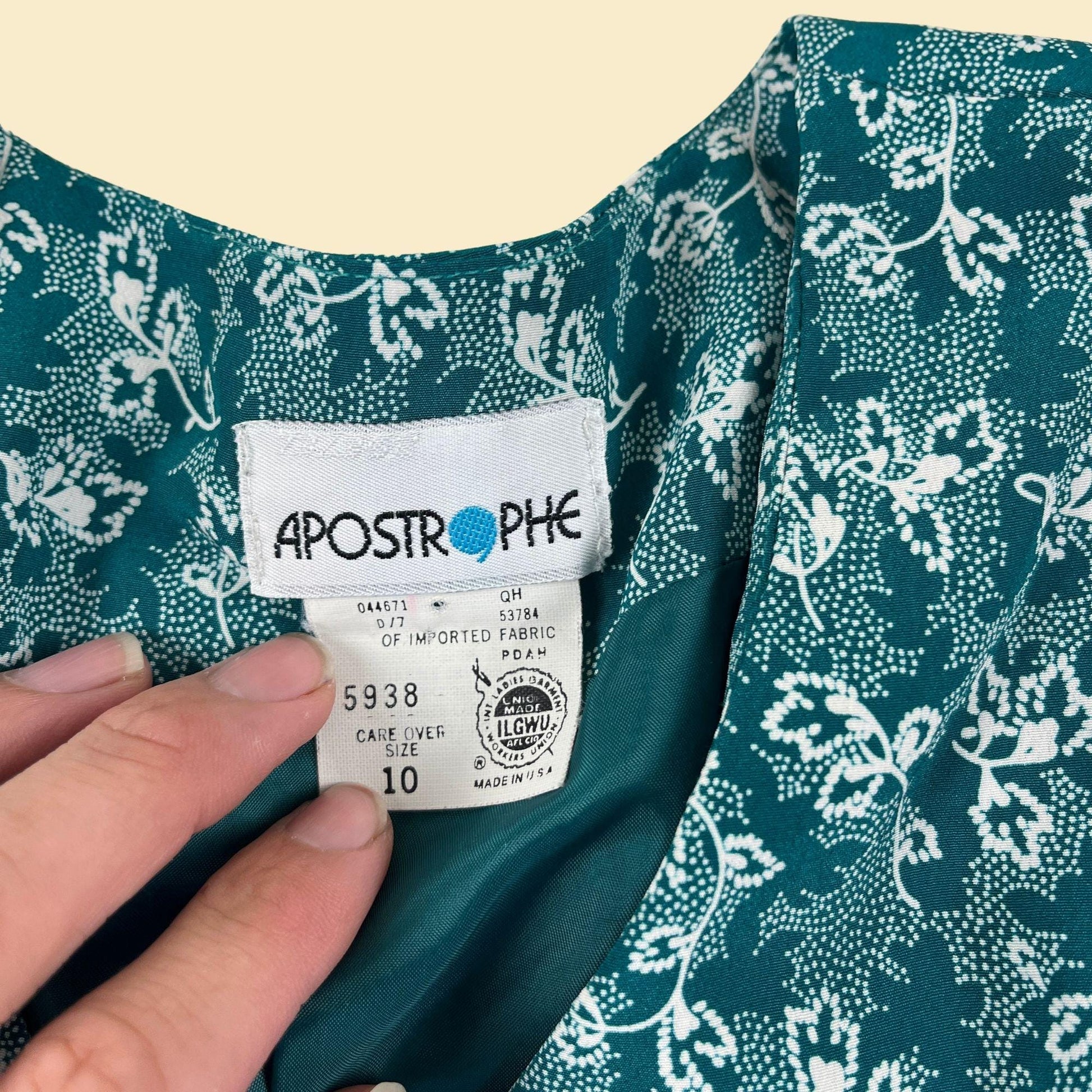 70s/80s teal & white size 10 blouse by Apostrophe, abstract floral patterned top w/ shoulder pads