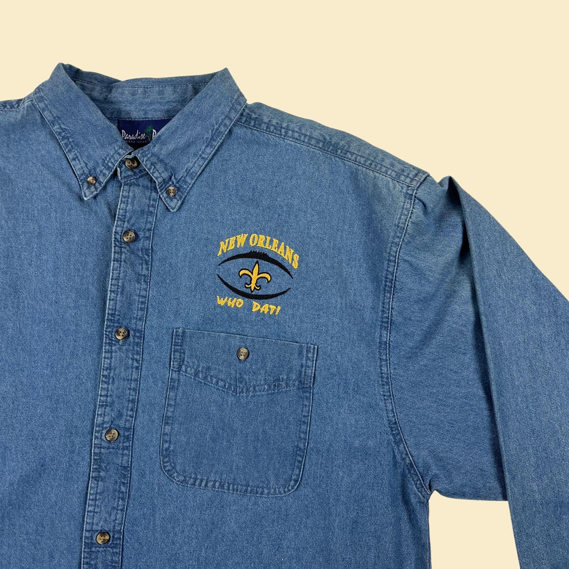 90s/Y2K New Orleans Saints XL denim shirt, vintage chambray NFL Saints button down top