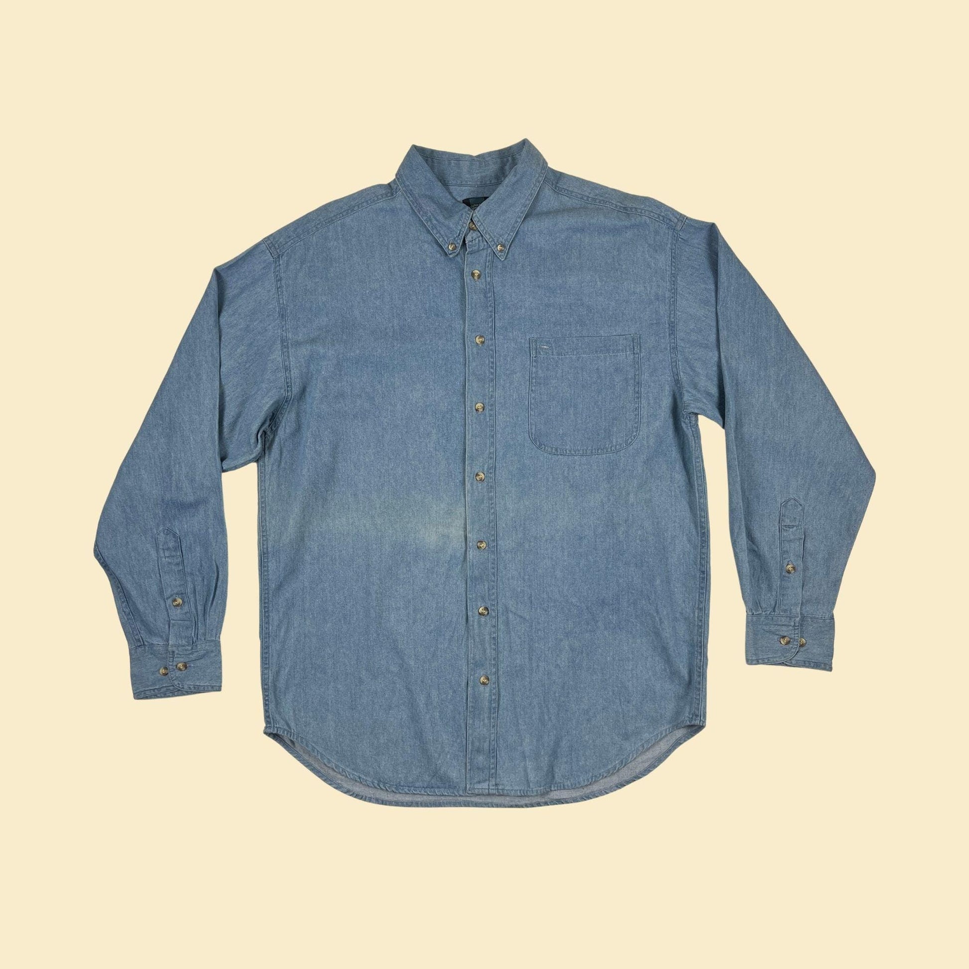 90s chambray L shirt, vintage men's medium to light wash denim-style button down top