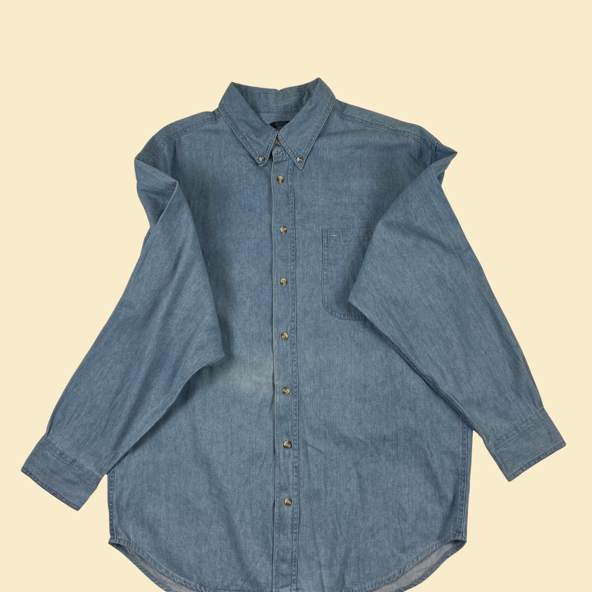 90s chambray L shirt, vintage men's medium to light wash denim-style button down top