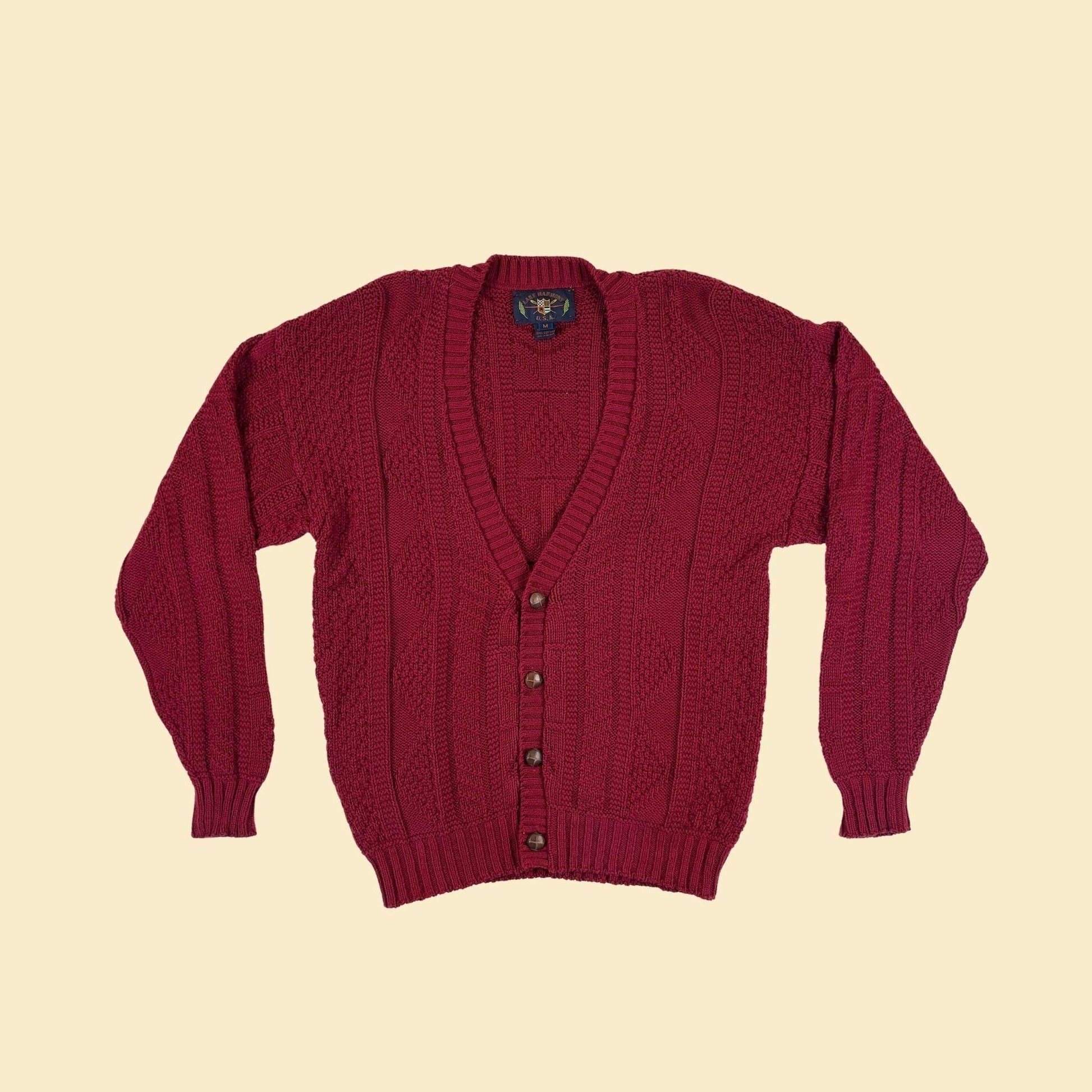 80s/90s men's M cardigan sweater by Lake Harmony, vintage burgundy cotton textured sweater