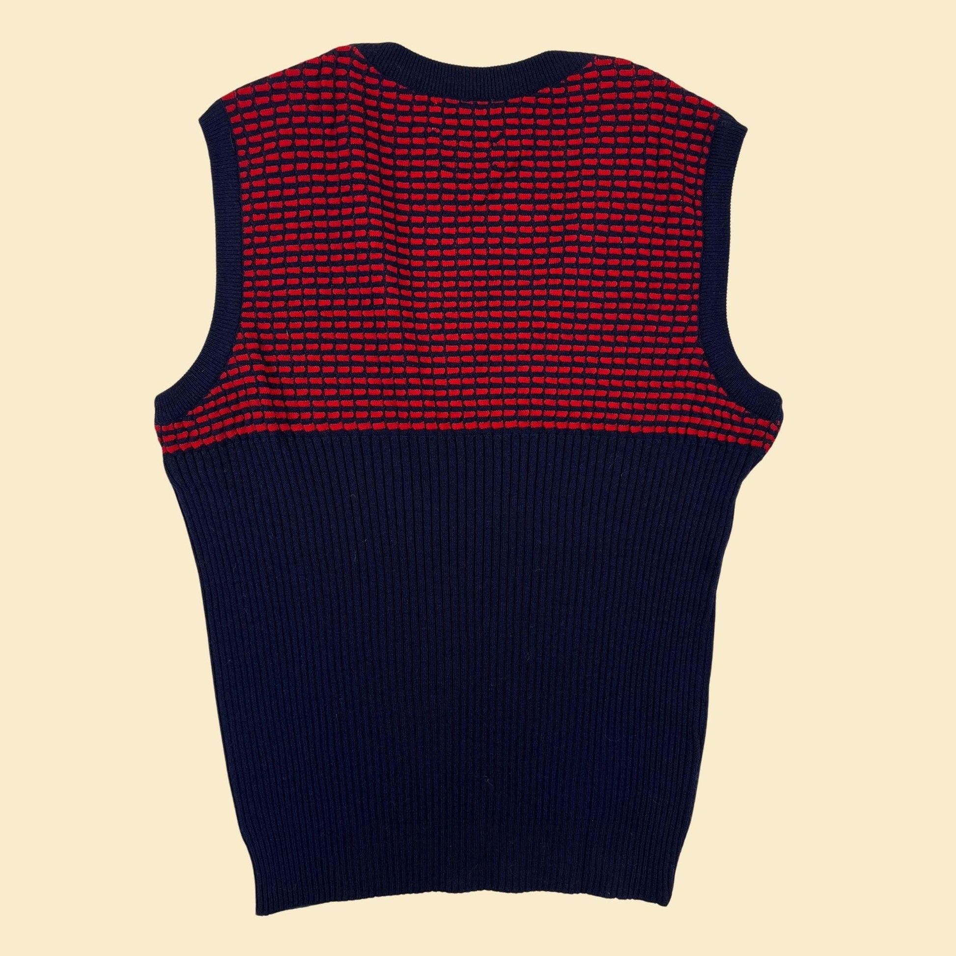 70s/80s S sweater vest, vintage merino wool dark blue & red geometric ribbed knit vest by Madison Shop, Rubenstein Bros