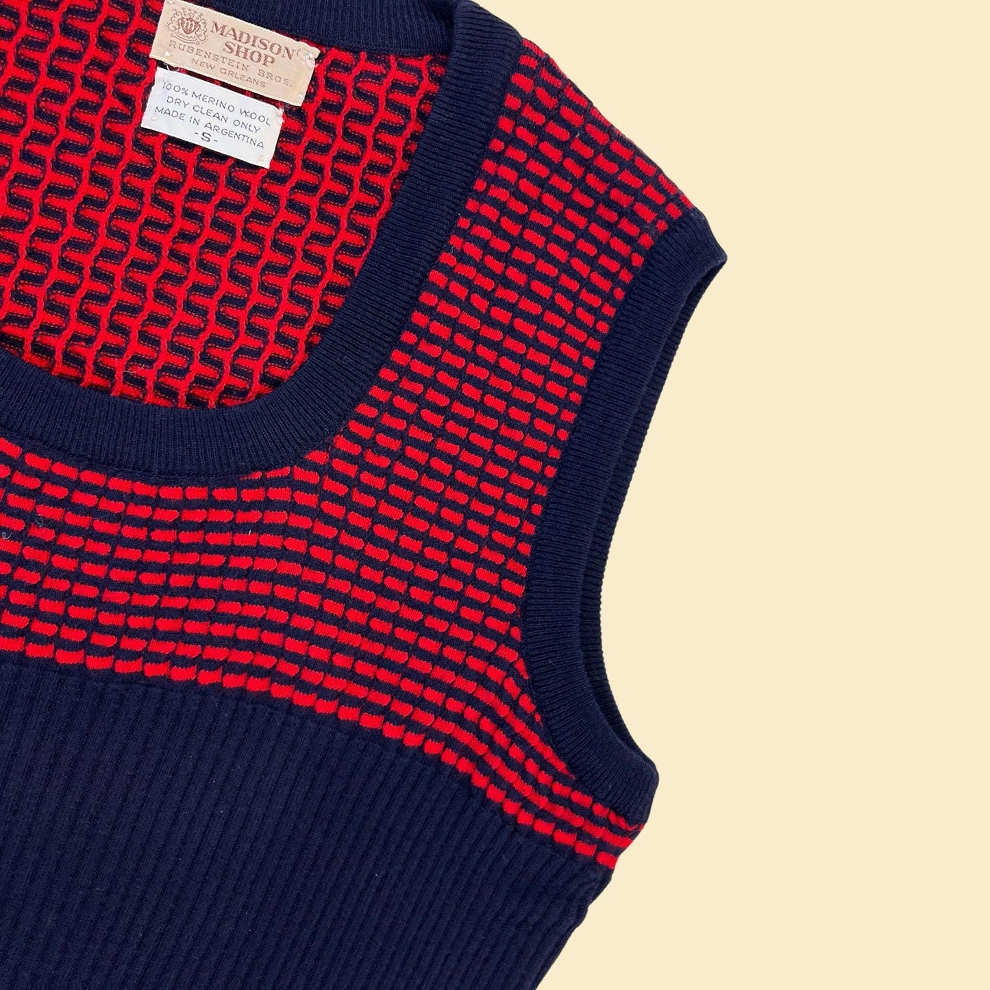 70s/80s S sweater vest, vintage merino wool dark blue & red geometric ribbed knit vest by Madison Shop, Rubenstein Bros