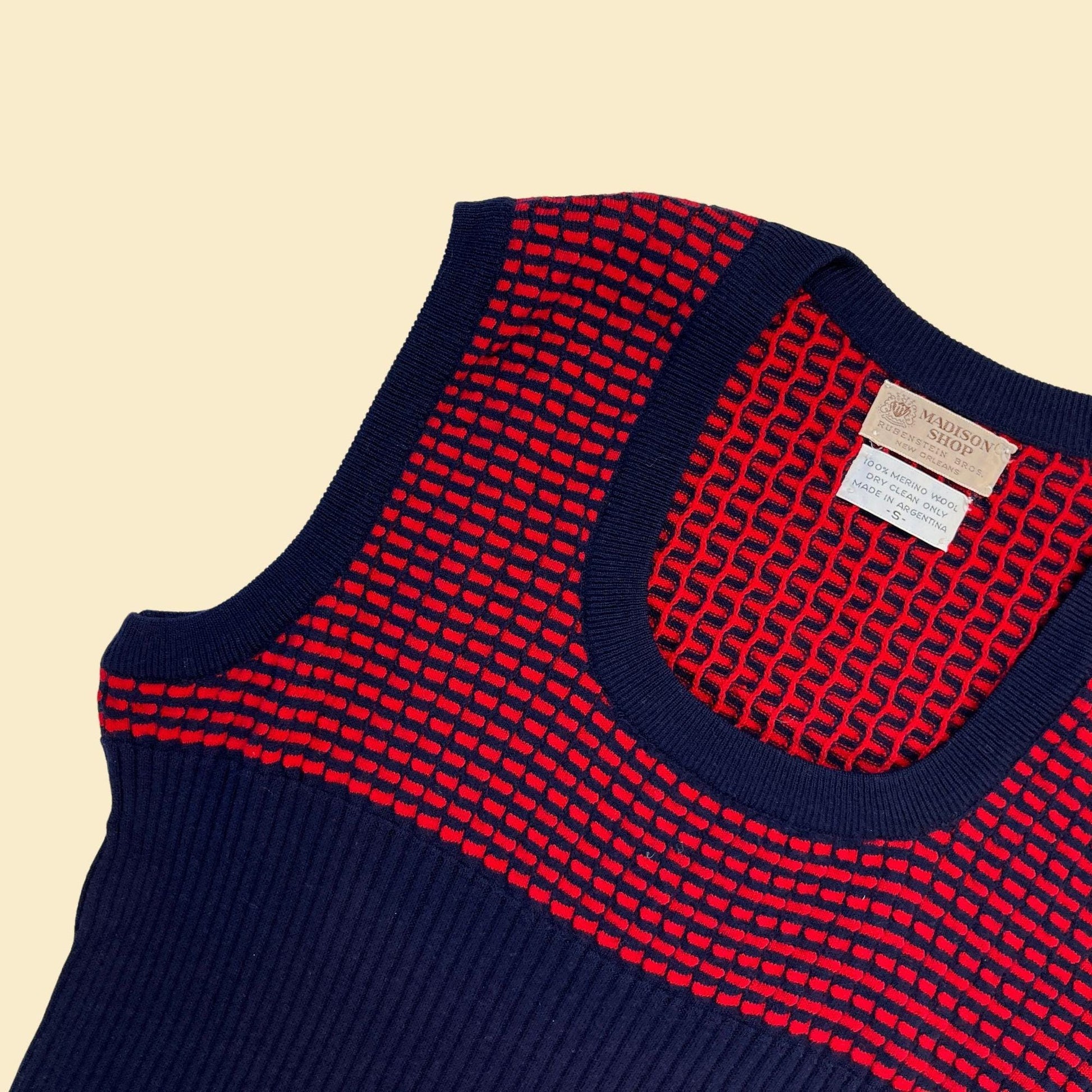 70s/80s S sweater vest, vintage merino wool dark blue & red geometric ribbed knit vest by Madison Shop, Rubenstein Bros