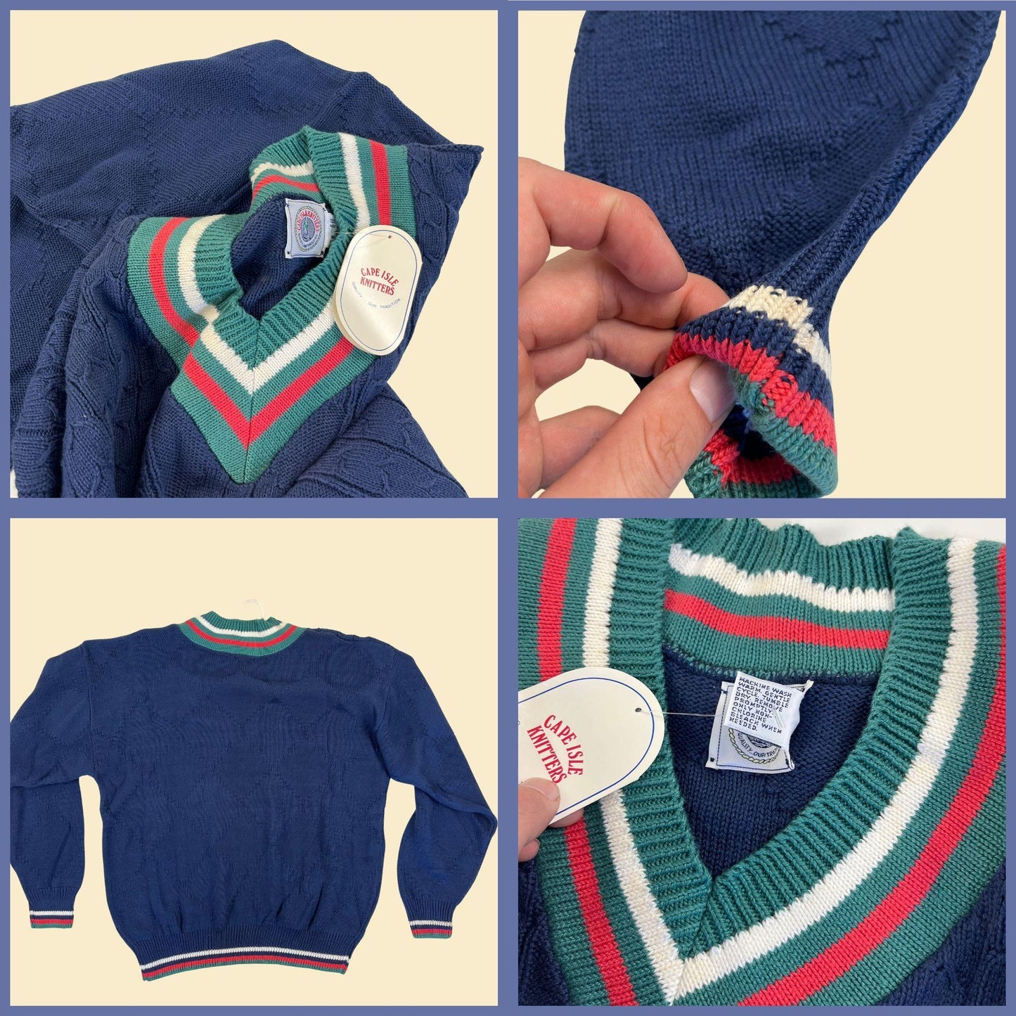 90s knit blue v-neck sweater by Cape Island Knitters, vintage ribbed blue, green & red pullover, new old stock (w/ tags)