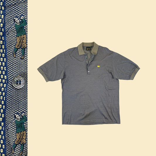 90s L Bobby Jones polo shirt, vintage men's blue & beige novelty print geometric short sleeve golf shirt