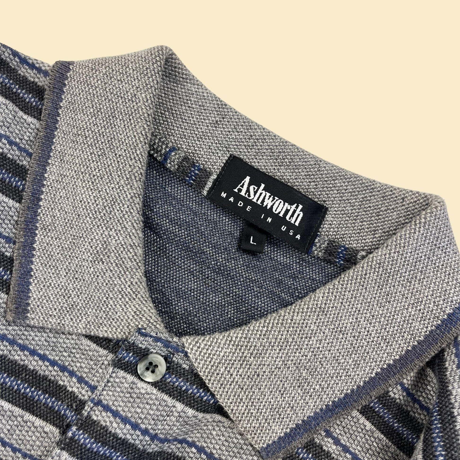 90s/Y2K L striped polo shirt by Ashworth, blue & grey vintage men's short sleeve golf shirt