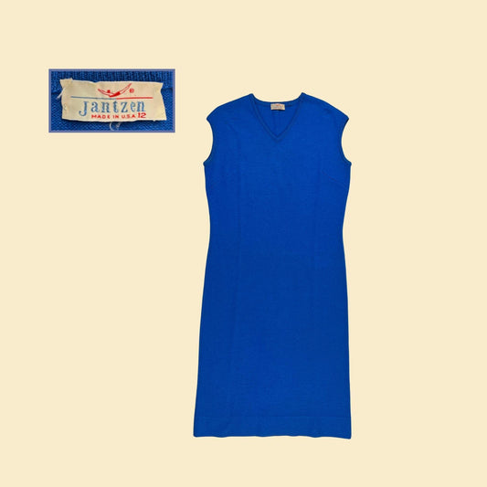 1960s Jantzen knit dress, size 12 vintage blue knit mod sleeveless midi to maxi dress