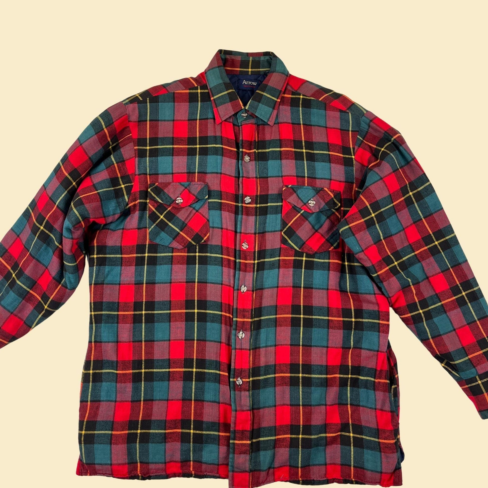 80s quilt-lined plaid flannel jacket, size L vintage plaid red shirt jacket ("shacket") by Arrow Sportswear