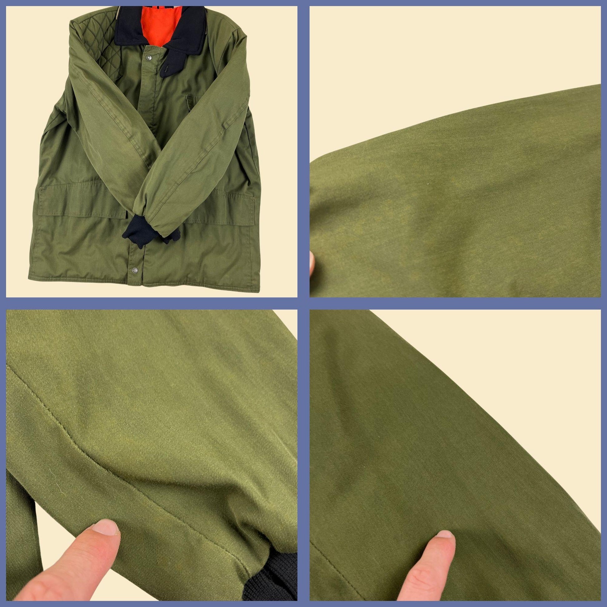 1970s L hunting jacket by Sears & Ted Williamson, vintage hunter green/black men's zip up outdoors coat