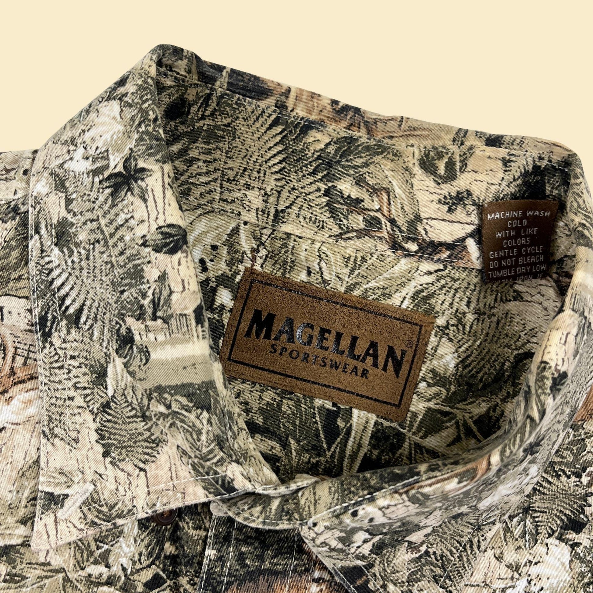 90s XXL camo deer shirt by Magellan Sportswear, vintage green & brown men's button down camouflage button down