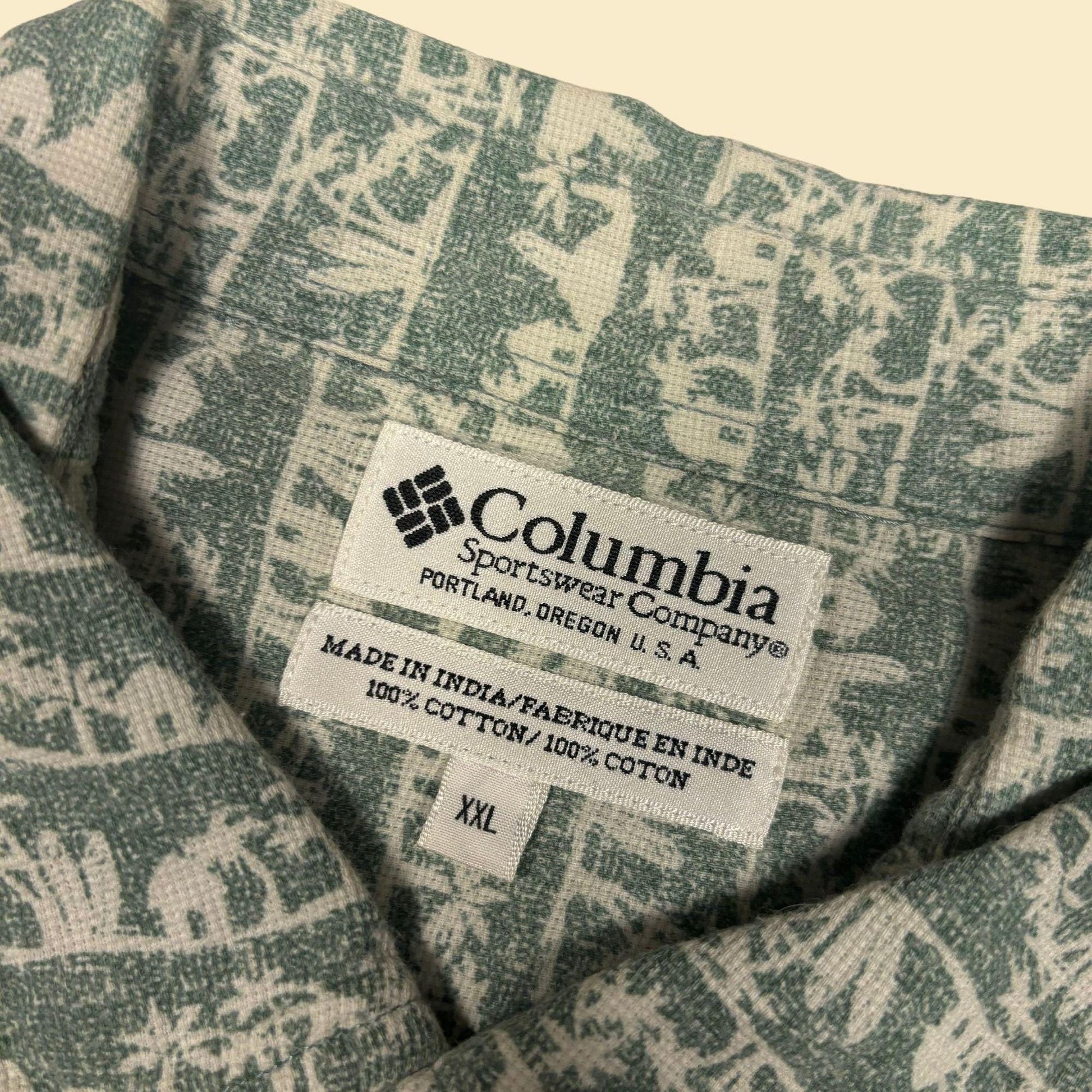 90s abstract XXL Columbia Sportswear men's shirt, vintage short sleeve patterned green & white men's top