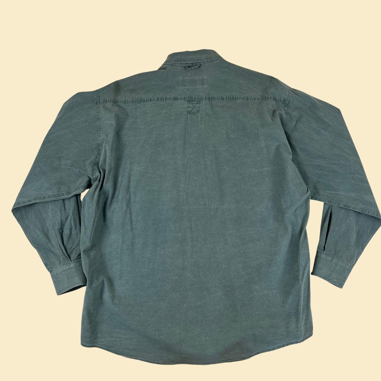 Vintage 90s Timberland L shirt, solid green cotton button down long sleeve, Portugal-made