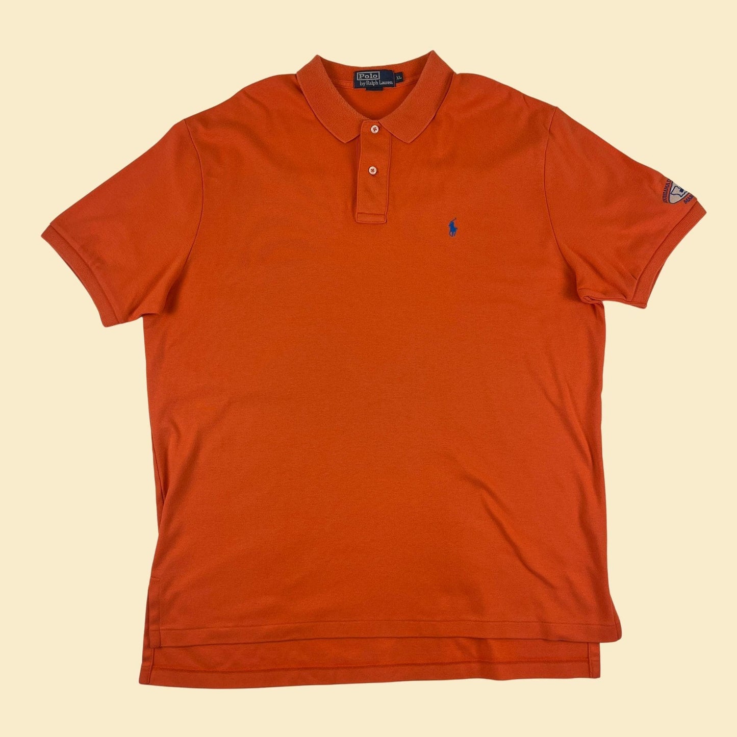 Vintage XL Polo by Ralph Lauren orange shirt, 1990s orange & blue work/Louisiana Marine shirt