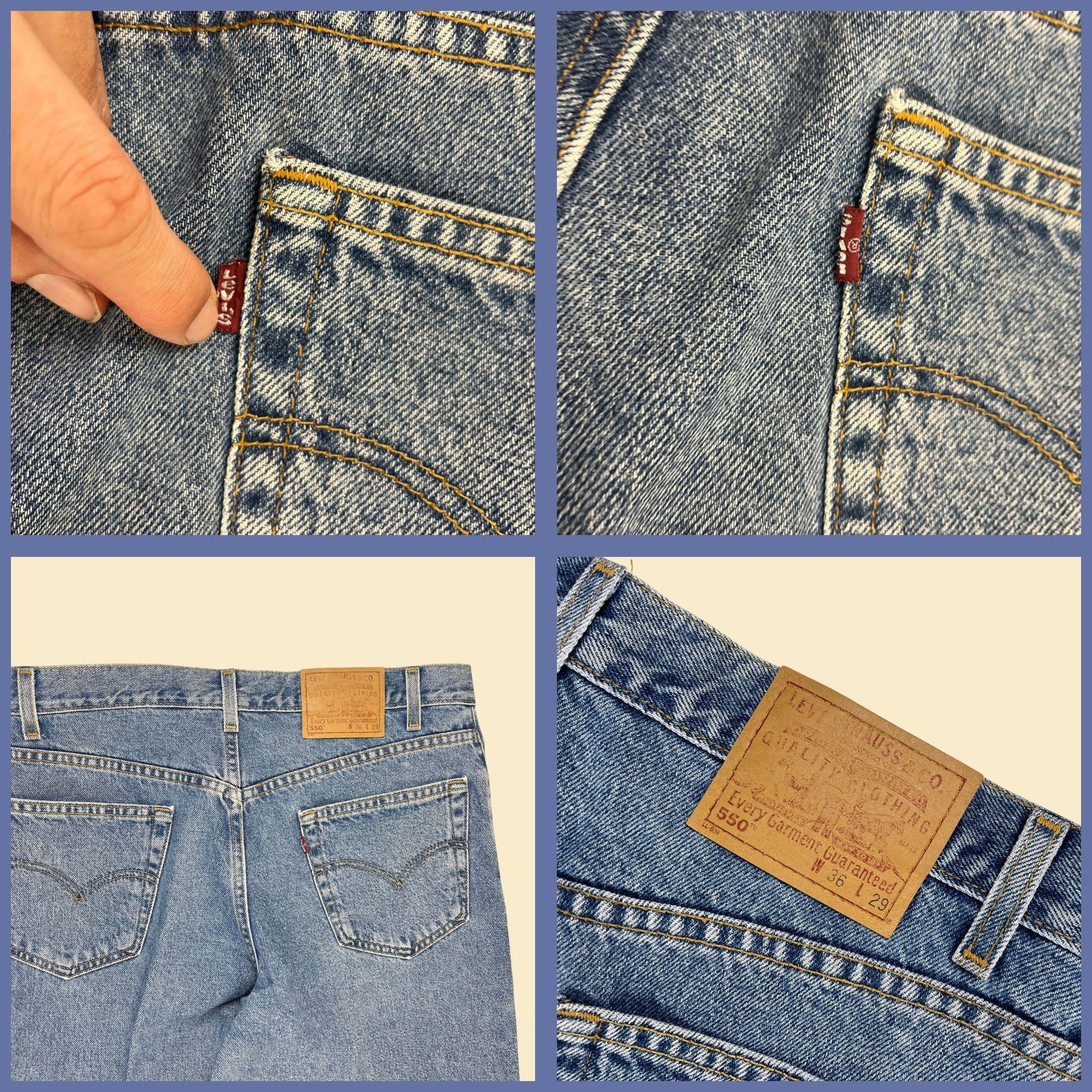 1990s Levi's 550 36x29 jeans, vintage medium wash blue denim relaxed fit pants