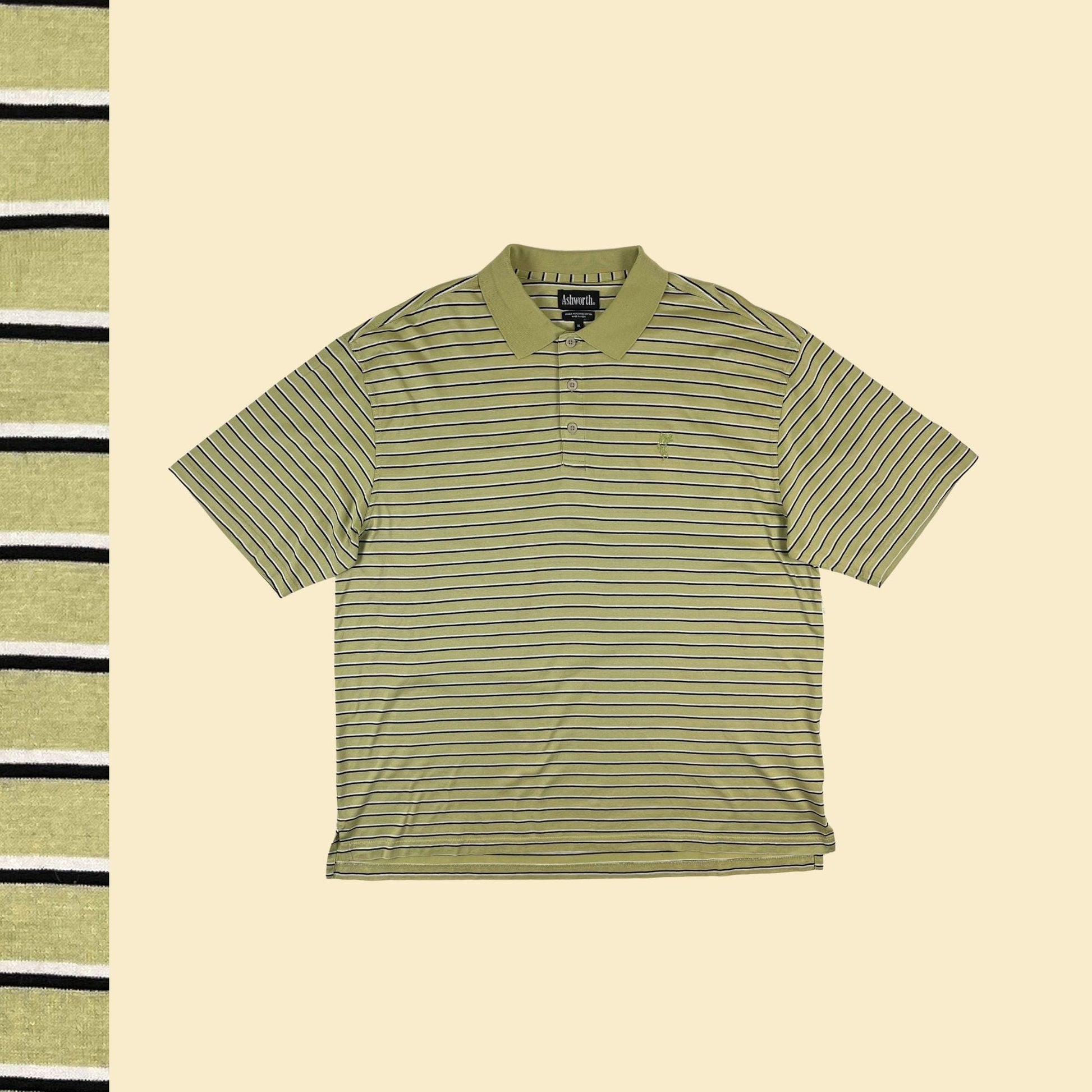 2000s XL golf polo shirt by Ashworth, vintage green & white striped short sleeve cotton shirt