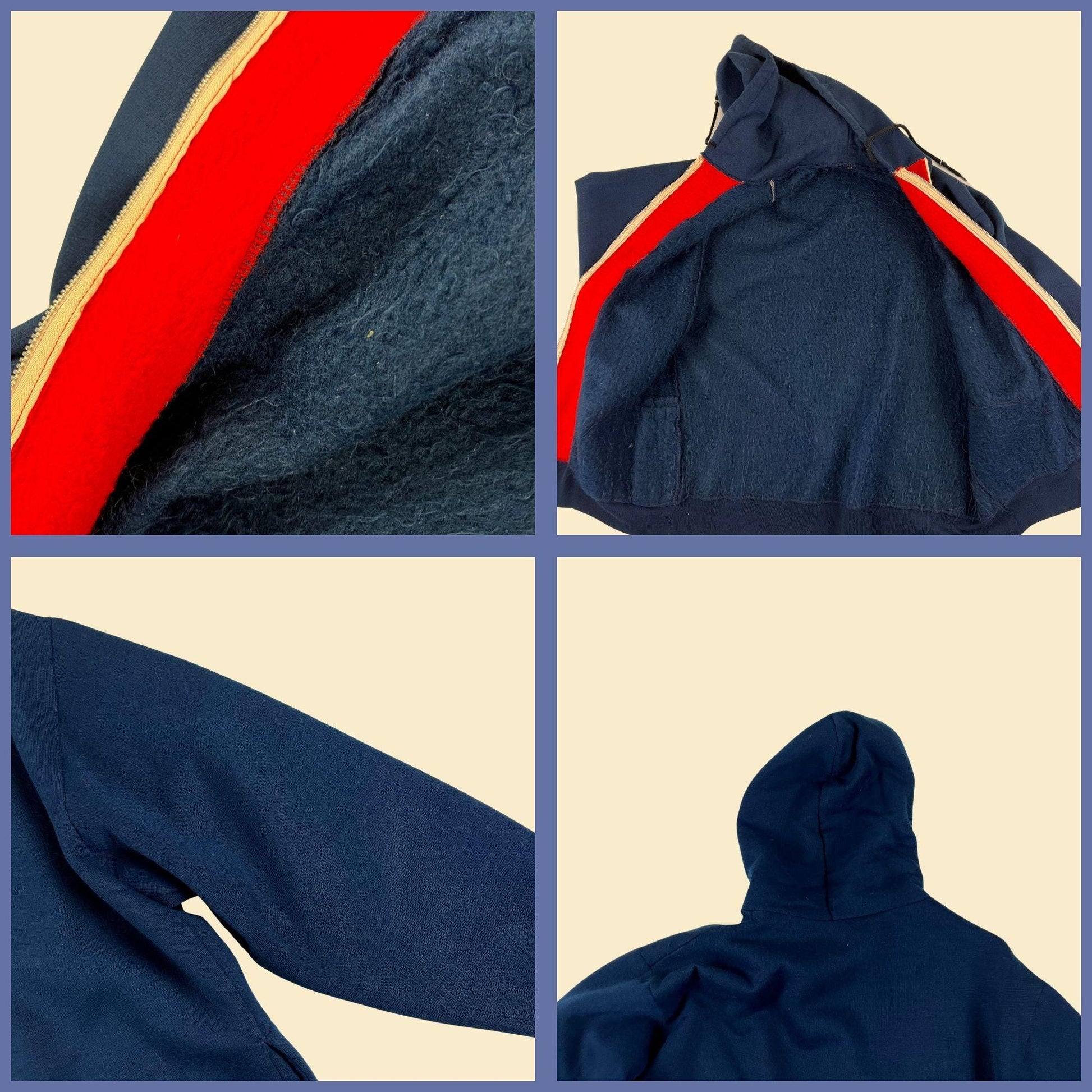 70s/80s M hoodie jacket, vintage blue & red color block zip up hooded sweatshirt