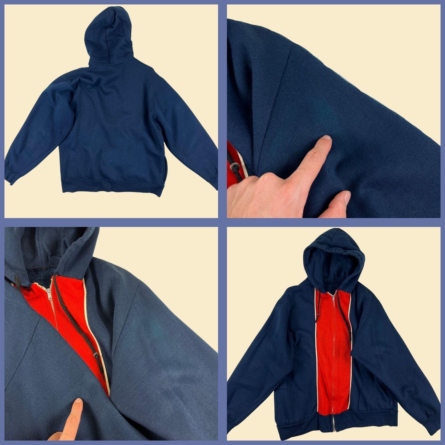 70s/80s M hoodie jacket, vintage blue & red color block zip up hooded sweatshirt