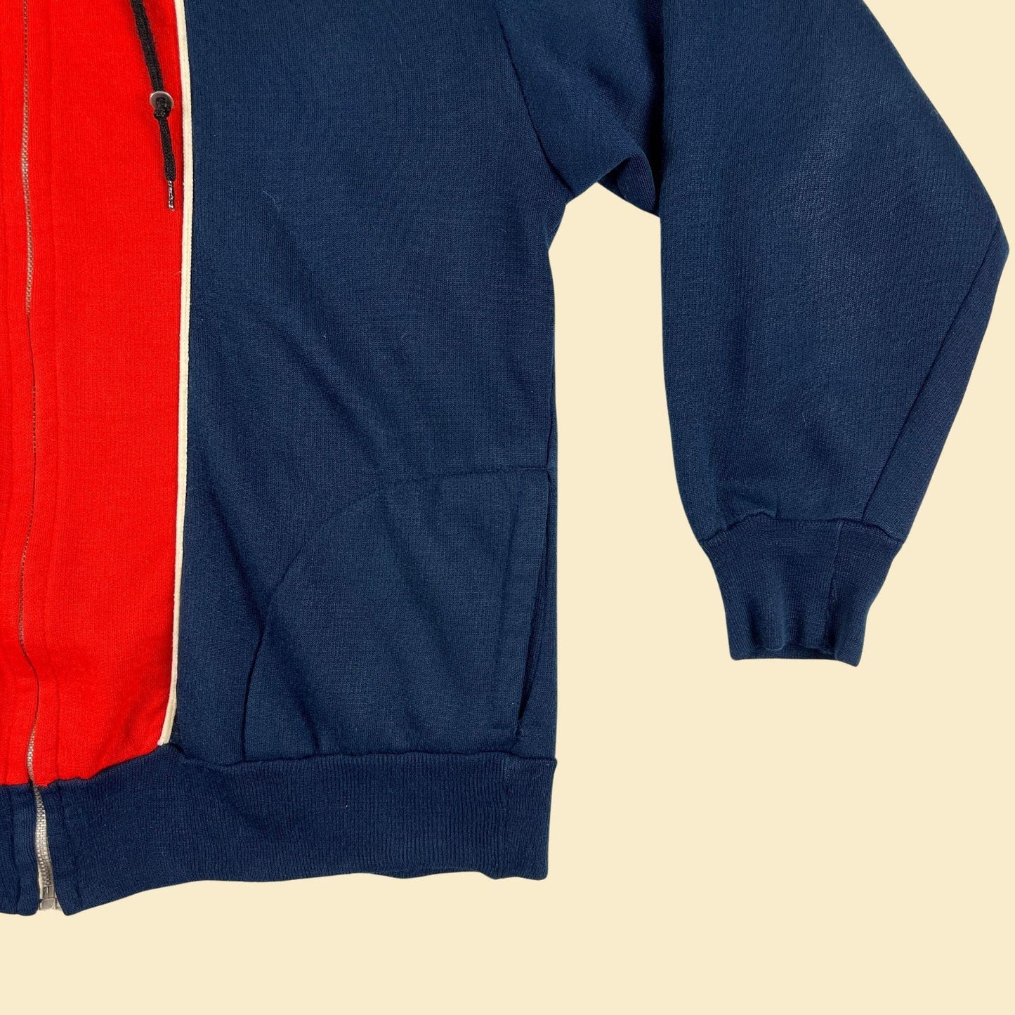 70s/80s M hoodie jacket, vintage blue & red color block zip up hooded sweatshirt