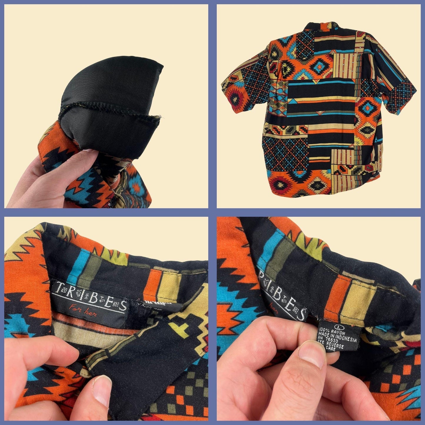 90s geometric L shirt, vintage southwest patterned black & teal blouse by Tribes for Her