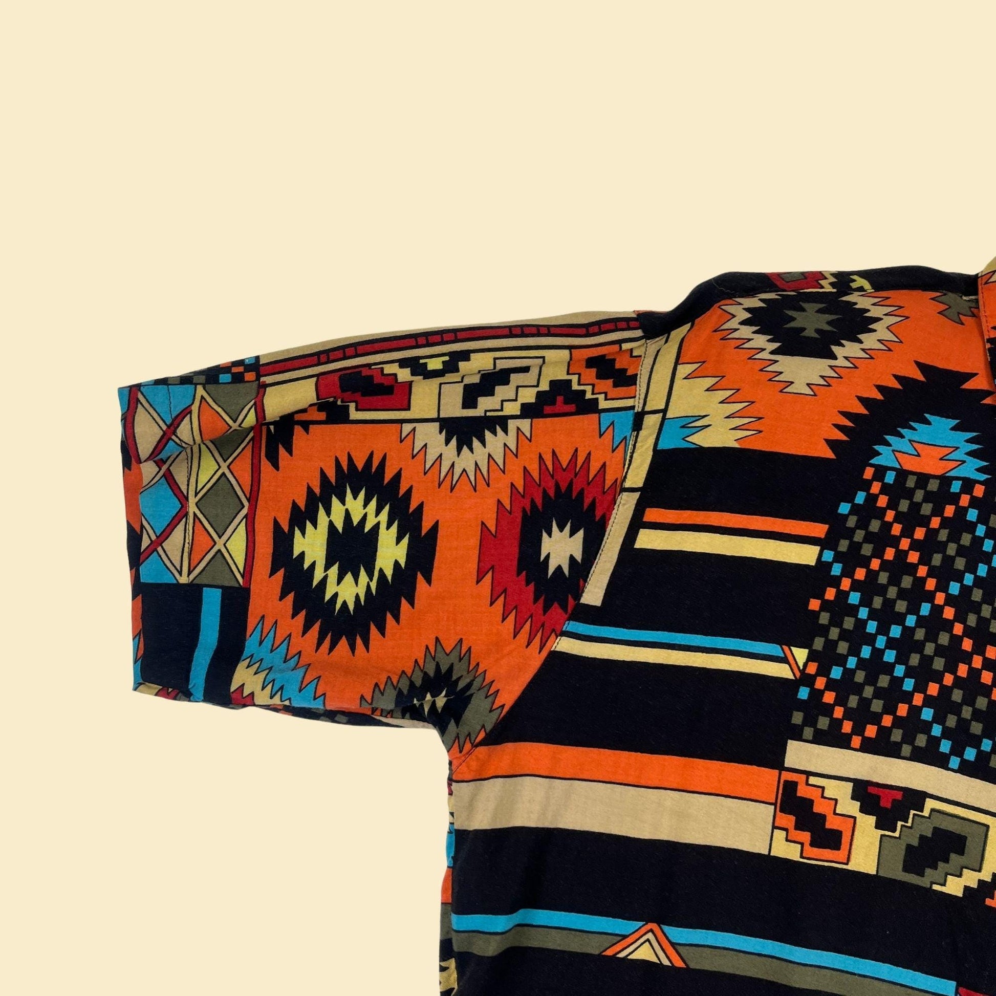 90s geometric L shirt, vintage southwest patterned black & teal blouse by Tribes for Her