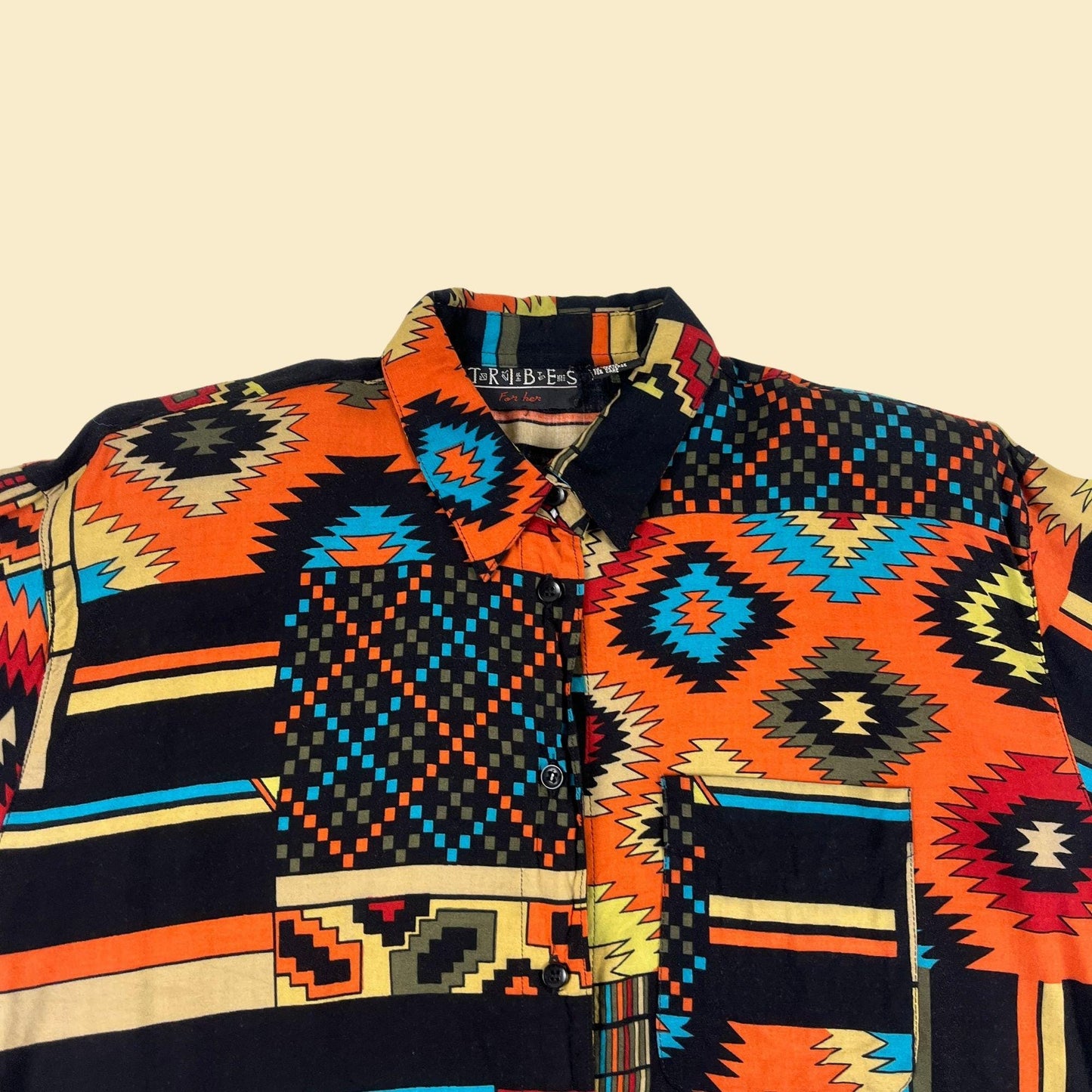 90s geometric L shirt, vintage southwest patterned black & teal blouse by Tribes for Her