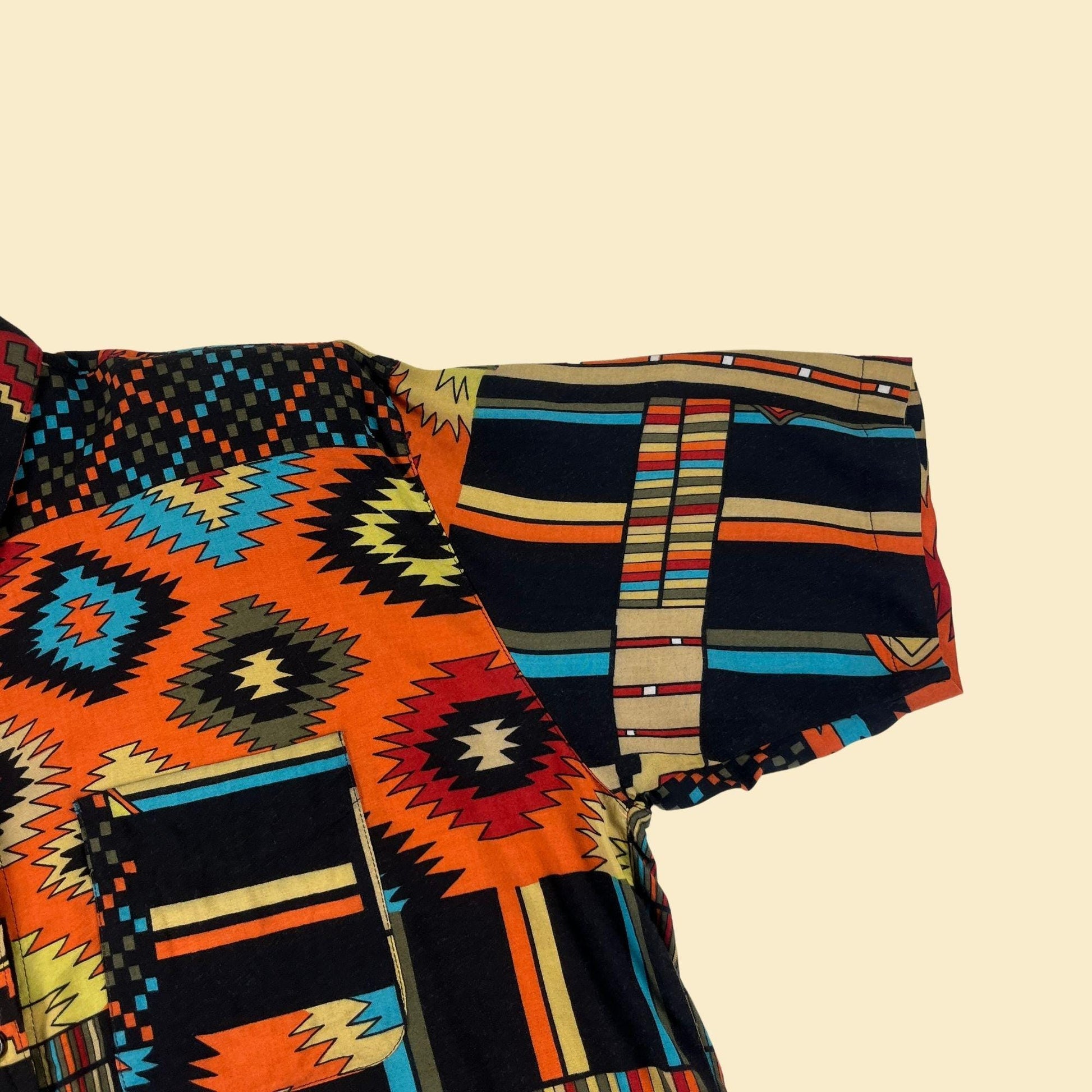 90s geometric L shirt, vintage southwest patterned black & teal blouse by Tribes for Her