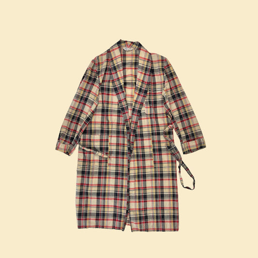 1970s plaid Sears robe, vintage S 34/36 men's beige, burgundy & yellow lightweight cotton robe