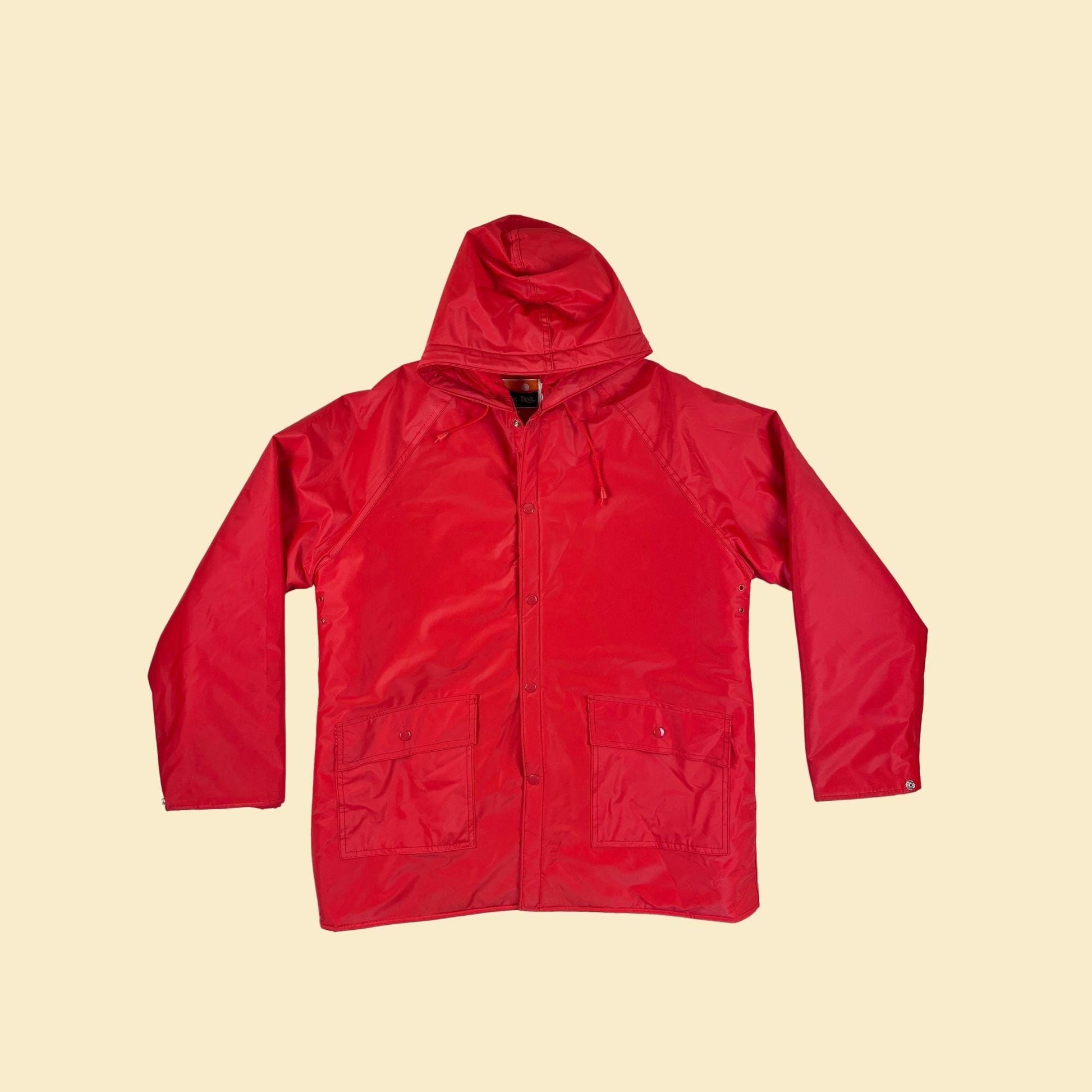 80s/90s S puffer rain jacket by Ozark Trail, men's vintage solid red hooded PVC jacket