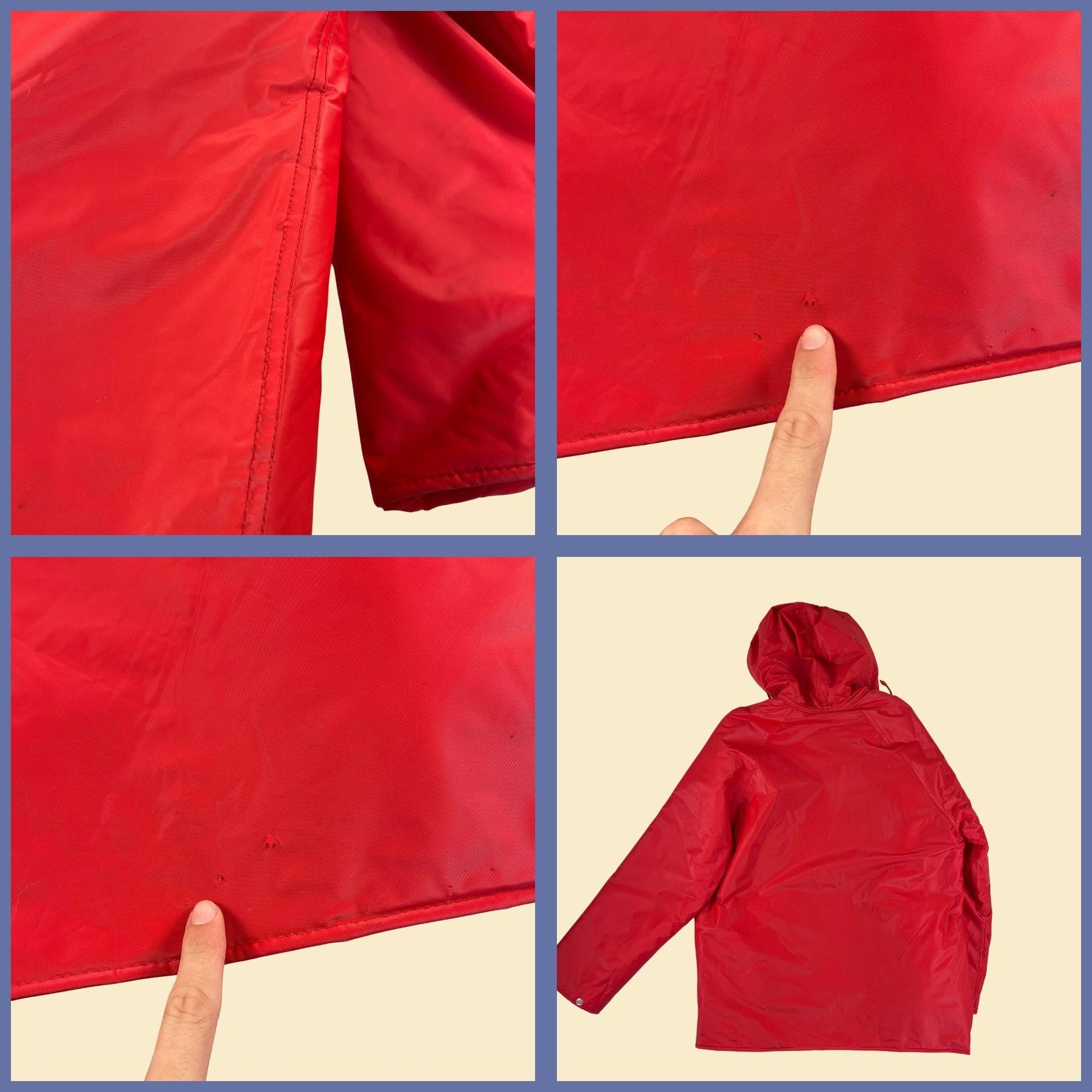 80s/90s S puffer rain jacket by Ozark Trail, men's vintage solid red hooded PVC jacket