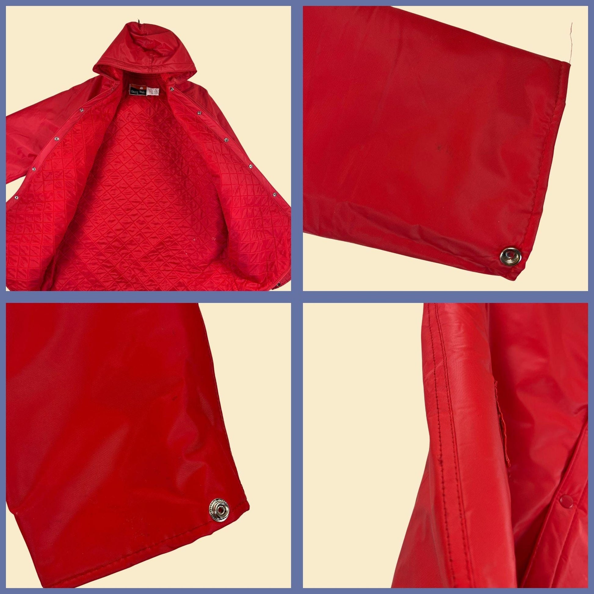 80s/90s S puffer rain jacket by Ozark Trail, men's vintage solid red hooded PVC jacket