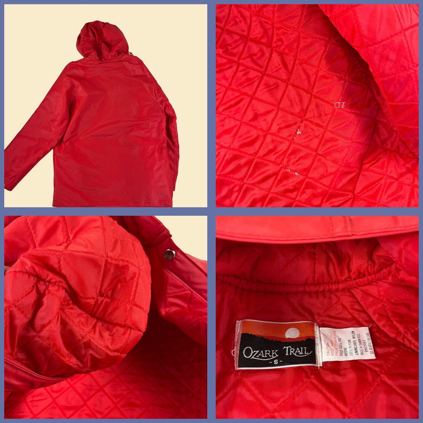 80s/90s S puffer rain jacket by Ozark Trail, men's vintage solid red hooded PVC jacket